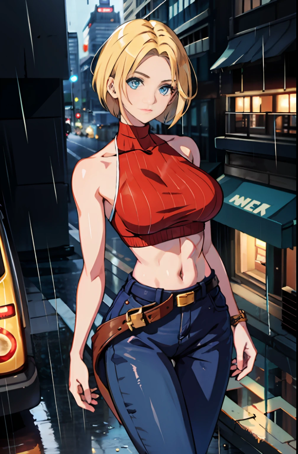 maryms, Best Quality,(beauty), 1girl,phisically-based render ,ultra highres,(cowboy shot:1.5),narrow waist, skinny, LeonaMS , big blue eyes,long legs,jeans,leather belt,big breasts,puffy eyes, leather belt,(rainy city), shiny skin, facing viewer, Victory posture,