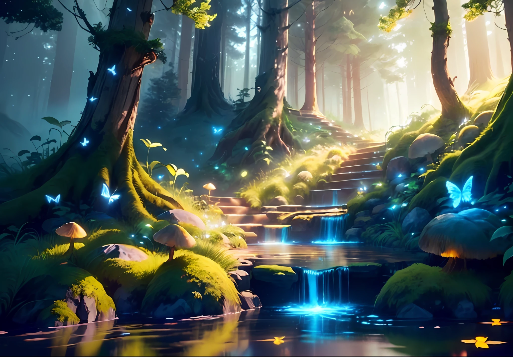 Masterpiece, best quality, (highly detailed CG unity 8k wallpaper), (better quality), (better illustrations), (better shadows), forest theme with natural elements. Tall trees, quiet streams, glowing small mushrooms surrounded by delicate leaves and branches, with fireflies and glowing particle effects, (natural elements), (jungle theme), (leaves), (branches), (fireflies), butterflies, ( delicate leaves ), (glow), (particle effects). , isometric 3D, octane rendering, ray tracing, hyper detail