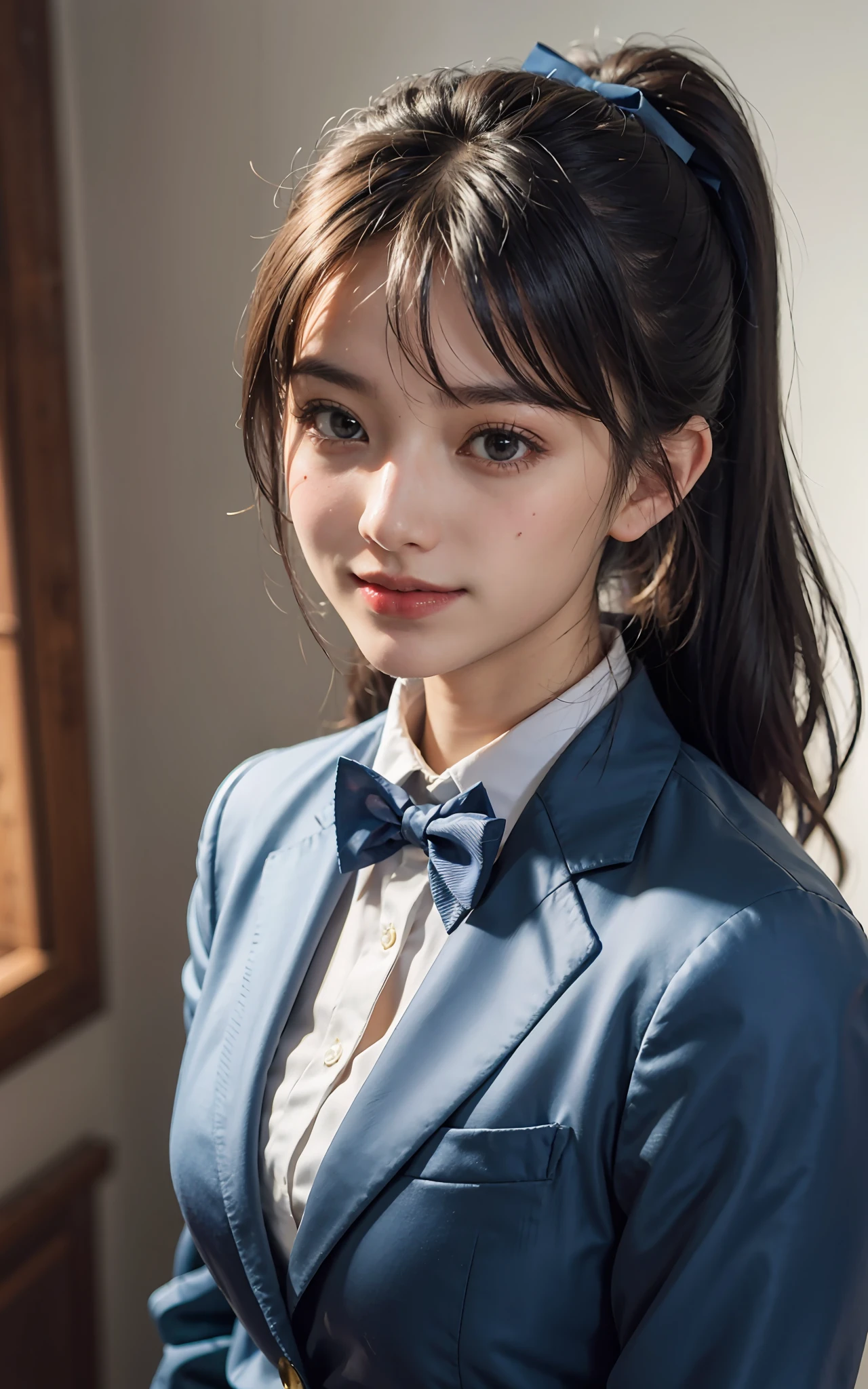 Dark blue blazer、White blouse、a bow tie