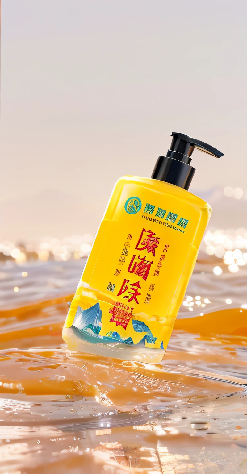 There was a bottle of shampoo in the water，Lots of water, zun, commercial product photography, ProductAdvertisements, Product photography, Chiba Yuda, products shot, Wang Chen, professional product shot, shaxi, photoshoot for skincare brand, close-up product photo, beauty shot，Sunlight exposure，Mountains in the distant background