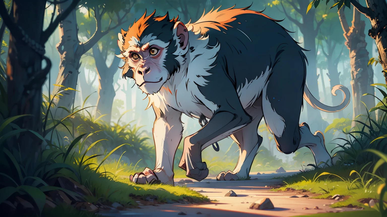 A robust monkey flew，In a wood，The background is a dense mountain，Ancient wind，Beautiful CG quality，Clear and detailed description，Hearty shots，Rich and superb local details，Intoxicating light and shadow effects，Beautiful and beautiful overall atmosphere