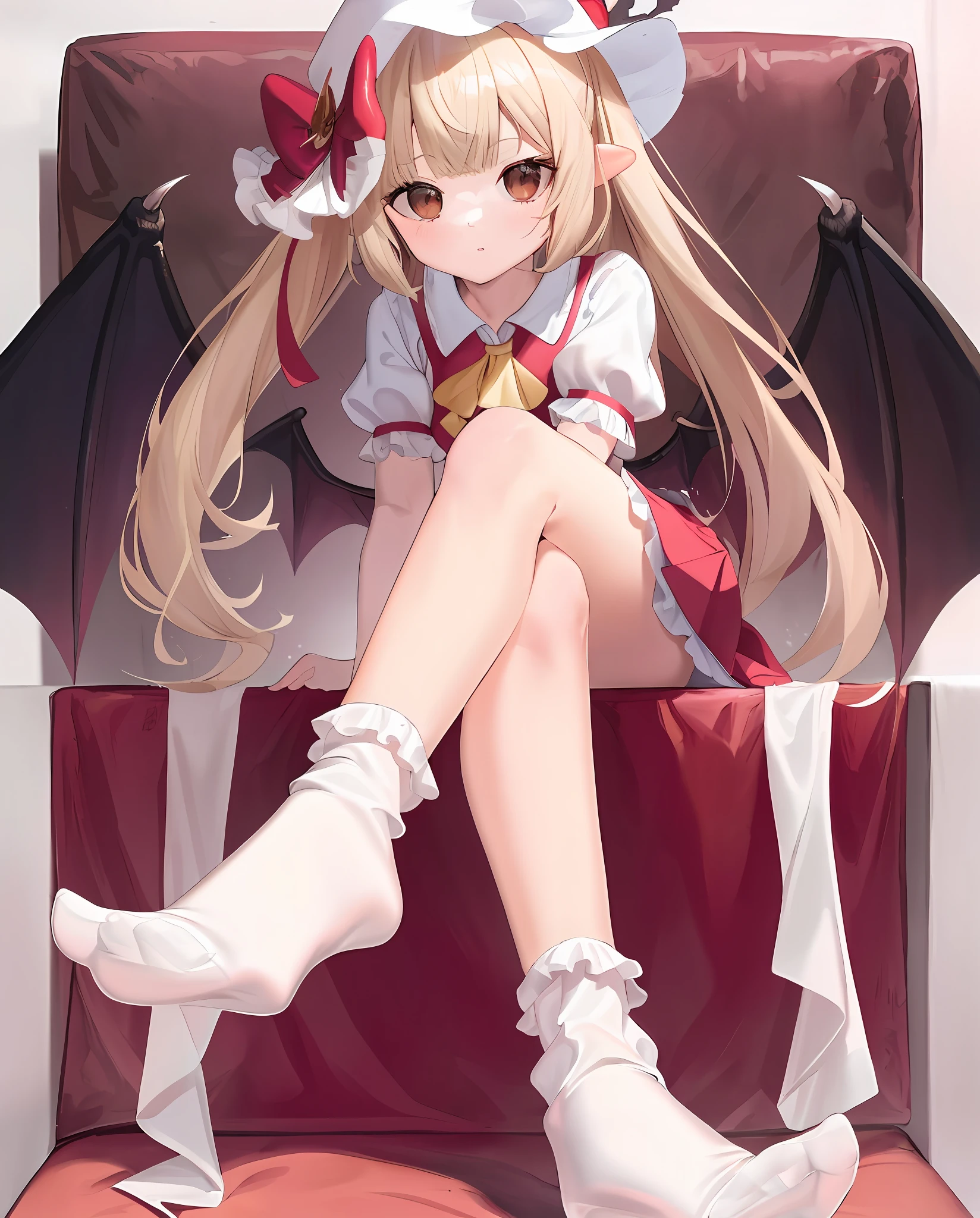 Anime girl sitting in chair,A bat is worn on his head, anime visual of a cute girl, little curve , splash art anime loliime goddess, cute anime waifu in a nice dress, loli in s, Best Rated on pixiv, trending on artstation pixiv, Guweiz in Pixiv ArtStation, demon anime girl, loli,ultra-hresolution,Best quality white stockings,Lace socks,Burpee socks,overknee socks,Exudes a cute and shy atmosphere。