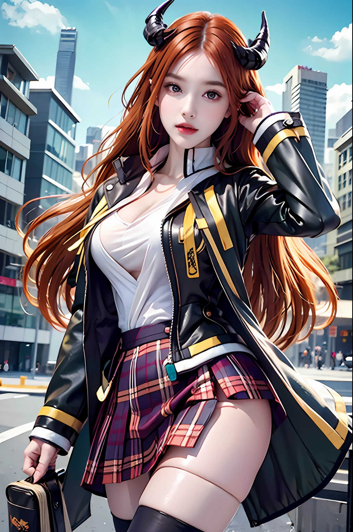 pphotorealistic, high resolution, 1 girl, long hair, orange_hair, plaid_skirt, purple_eyes,plaid,thighhighs,skirt,breasts,dragon_horns,bangs,blunt_bangs,jacket race_queen,