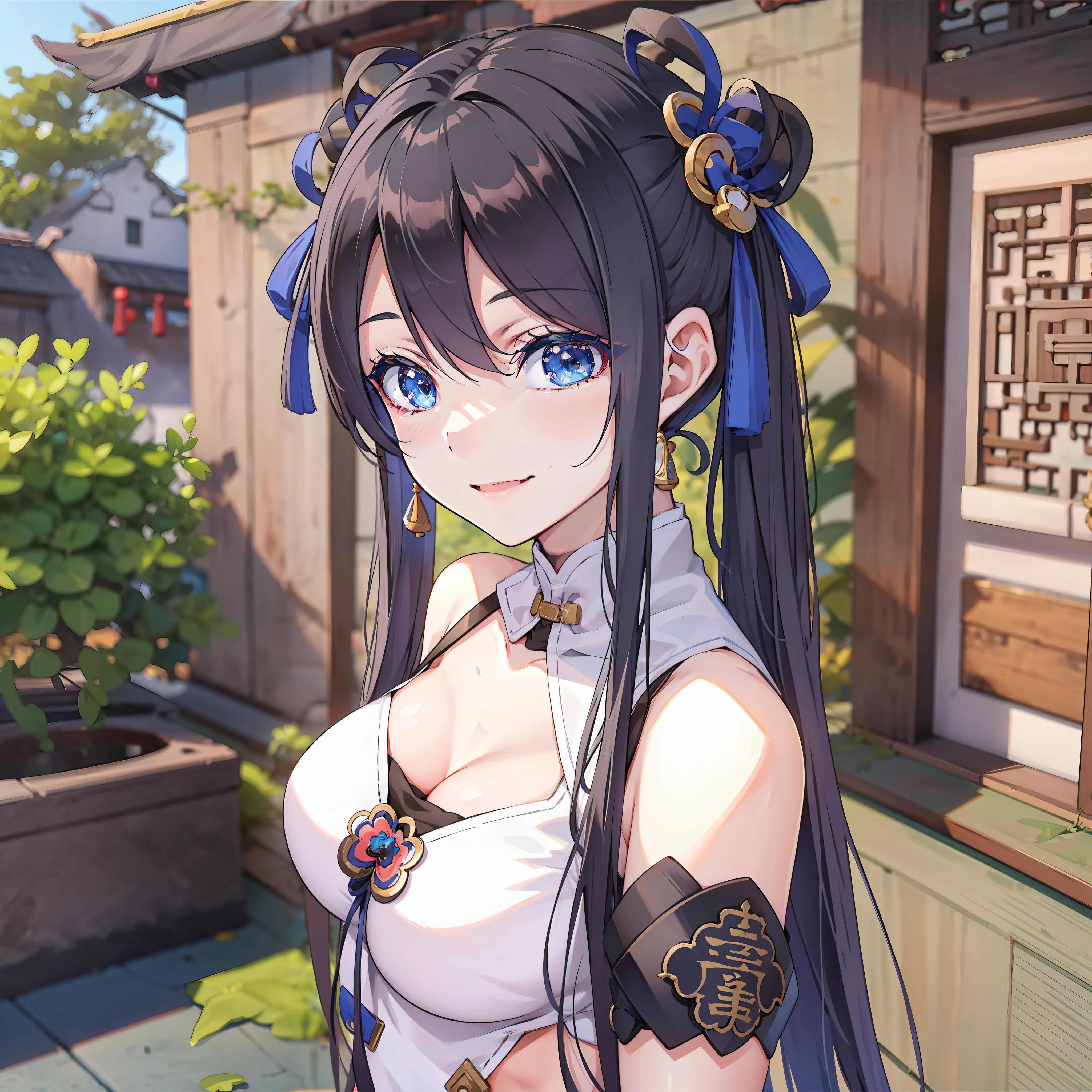 Anime Girl with long thin hair in 2 pigtails and blue ties, anime girl with black hair, off shoulder, Using a white blue cheongsam, smile, Stand relaxed Outside the traditional Chinese house, blue eyes, masterpiece, UHD, Big eyes