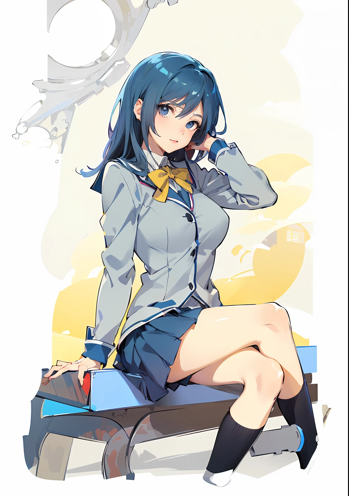 anime girl sitting on a bench with her hand on her head, inspired by Mashima Hiro, seductive anime girl, anime style, anime moe artstyle, 8k Ultra HD, school uniform anime girl, beautiful anime girl skin detailed, auto shading, great portpotional body, simetrical face, attractive anime girl