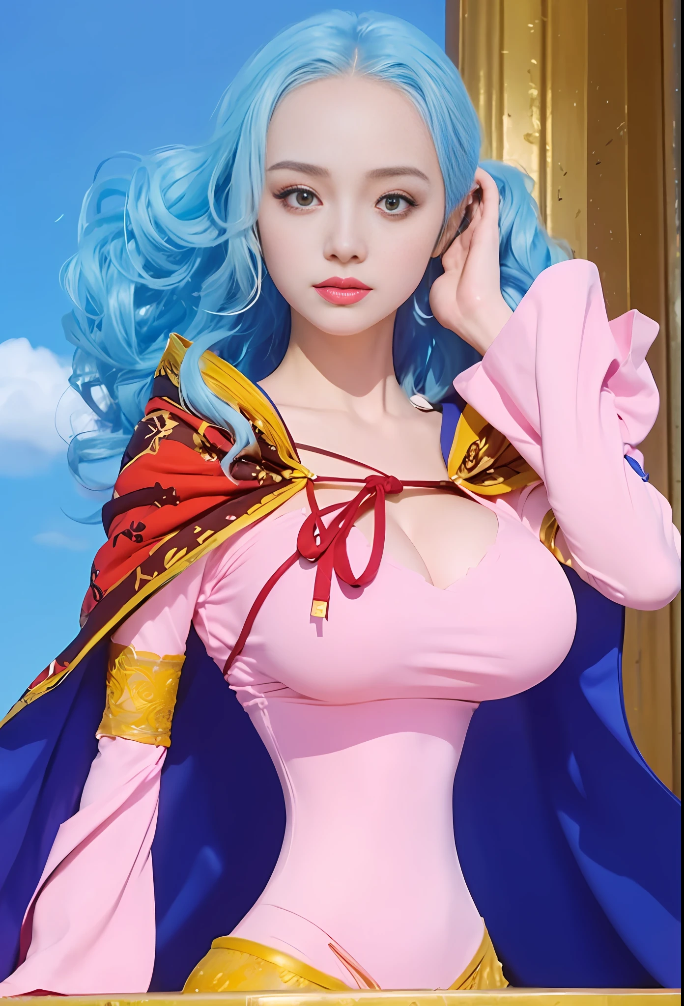 Top quality, 8k, 32k, Masterpiece, photo realistic, realistic, (photorealistic:1,4), 1 girl, slight smile, dramatic lighting, professional makeup, very big breasted woman, (seductive pose), Sexy, beautiful white face shining, beautiful face, pink cheeks, beautiful lips, porcelain skin, detail intricate, super detailed, super high, highest detailed, high detailed, delicate, incredible detailed, fine detailed, cinematic lighting, top quality, smooth and beautiful, CG, unity, 8k wallpaper, Stunning, fine detail, unity CG wallpaper 8k ultra detailed, large file size, ultra detailed, high resolution, incredible detail, stunning detail, depth of field.