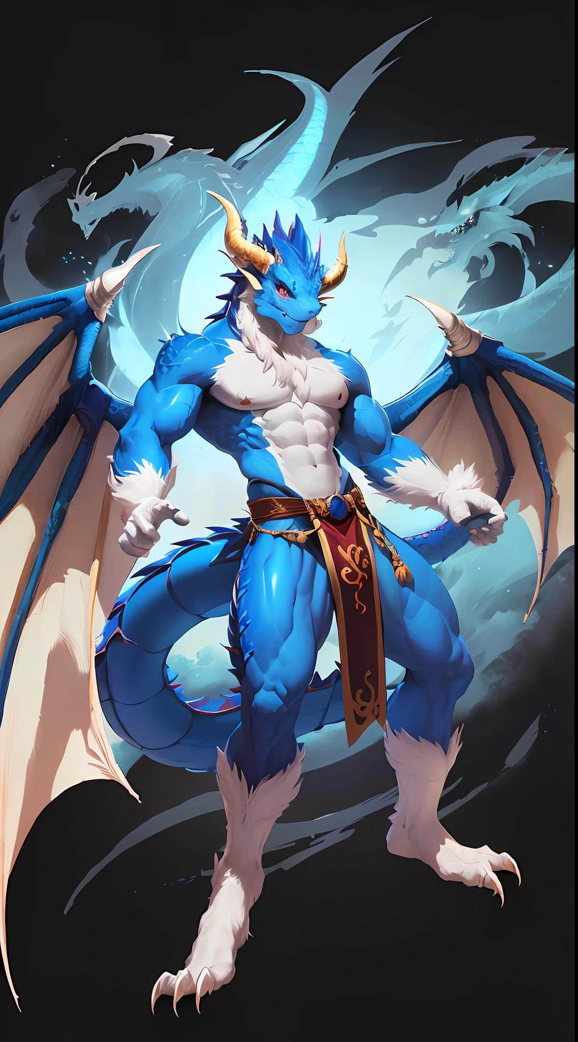 1male furry,((Blue dragon,)),White fur,Male, komono, Thin body type,I didn't wear anything on my upper body,chest muscle,The lower body is only wearing a loincloth,Dynamic pose,Dragon wings,Thick dragon tail,Full body photo