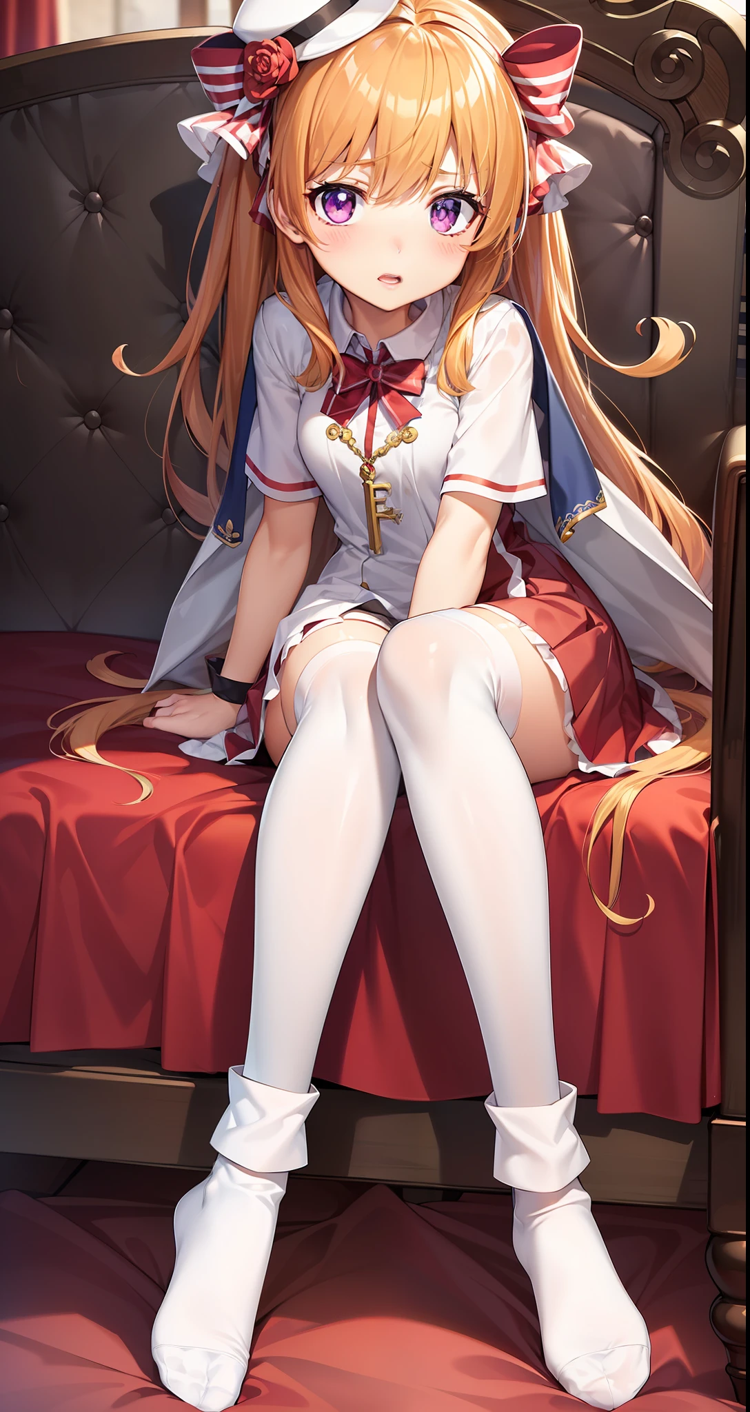 anime girl sitting on a couch with a hat on, anime visual of a cute girl, splash art anime ****, cute anime waifu in a nice dress, Marin Kitagawa fanart, Smooth anime CG art, **** in dress, Kushatt Krenz Key Art Women, come from《azur lane》videogame, from girls frontline, up of young anime girl，ultra-high-resolution，Best quality white stockings，Lace socks，Burpee socks，overknee socks，Exudes a cute and shy atmosphere。