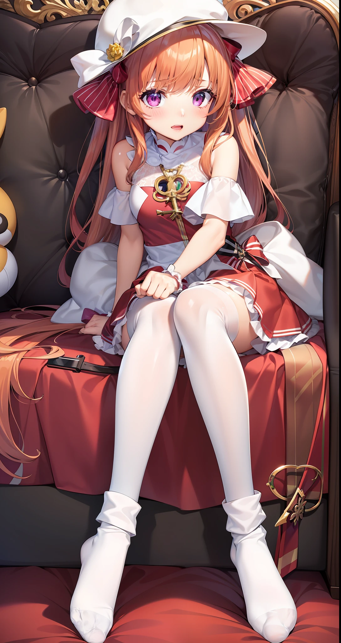 anime girl sitting on a couch with a hat on, anime visual of a cute girl, splash art anime ****, cute anime waifu in a nice dress, Marin Kitagawa fanart, Smooth anime CG art, **** in dress, Kushatt Krenz Key Art Women, come from《azur lane》videogame, from girls frontline, up of young anime girl，ultra-high-resolution，Best quality white stockings，Lace socks，Burpee socks，overknee socks，Exudes a cute and shy atmosphere。