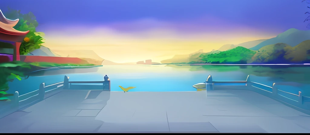 there is a painting of a beautiful view of a lake, Lake background, beautiful lake background, temple background, palace background, Mobile game background, royal garden background, background artwork, detailed lake in background, background depicting a temple, island background, arte de fundo, Detailed scenery —width 672, game background, light kingdom backdrop, Dawn background, port scene background，nights，starlit，antiquity，China-style，Exquisite scenes，More details，beatifull