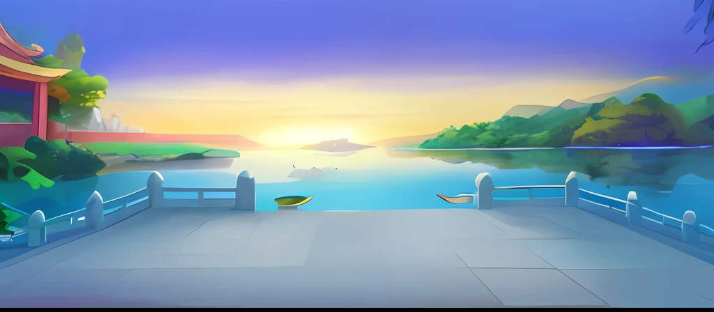 there is a painting of a beautiful view of a lake, Lake background, beautiful lake background, temple background, palace background, Mobile game background, royal garden background, background artwork, detailed lake in background, background depicting a temple, island background, arte de fundo, Detailed scenery —width 672, game background, light kingdom backdrop, Dawn background, port scene background,nights,starlit,antiquity,China-style,Exquisite scenes,More details,beatifull