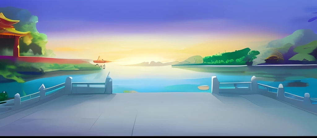 there is a painting of a beautiful view of a lake, Lake background, beautiful lake background, temple background, palace background, Mobile game background, royal garden background, background artwork, detailed lake in background, background depicting a temple, island background, arte de fundo, Detailed scenery —width 672, game background, light kingdom backdrop, Dawn background, port scene background,nights,starlit,antiquity,China-style,Exquisite scenes,More details,beatifull