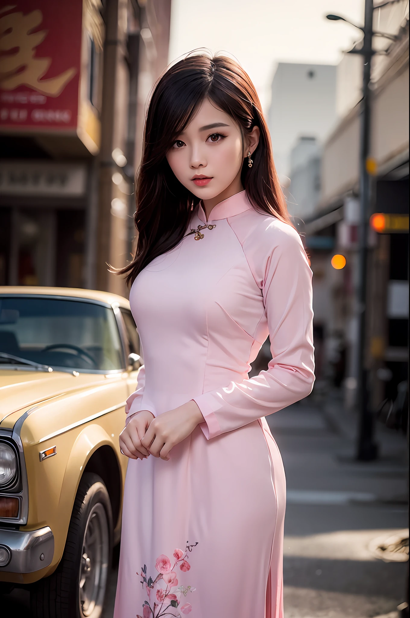 a beautiful girl in vintage pink colors aodai tradition viet nam, city nigth, masterpiece, best quality, realistic:1.3, street, cyberpunk, sunlight, backlighting, artstation, intricate details, vignette, city night, antique car, Hoi An