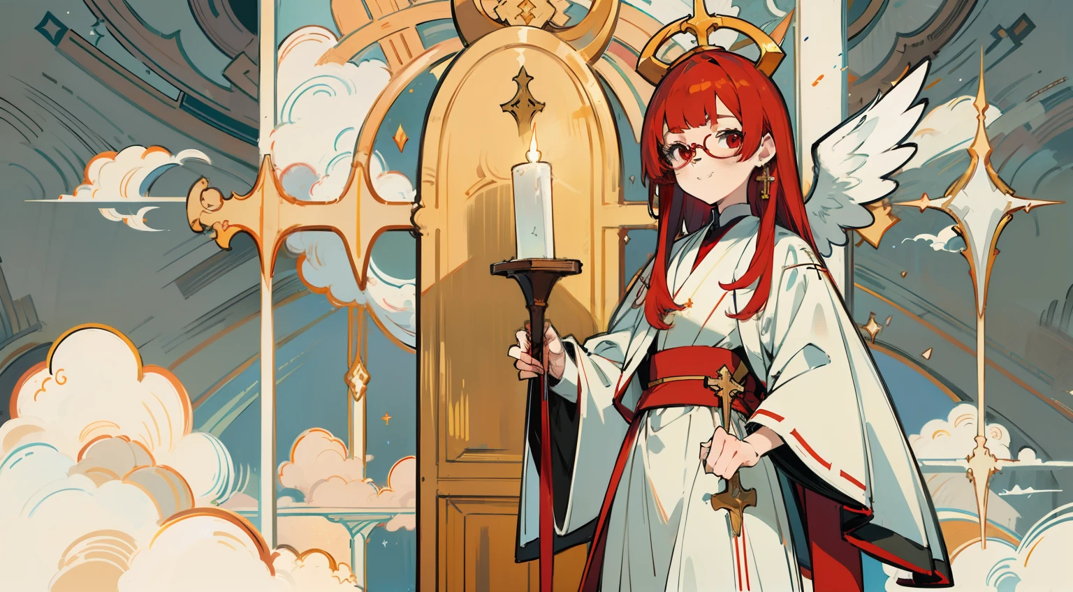 Maste Piece,Best Quality,High quality,Exquisite,Beautiful,Red hair,Glasses,hime-cut,Red eye,girl,Cute,Blunt bangs,20 years old,Chasuble robe,Cross earrings,Full body shot,Petite,straight hai,Half-smile,Slender,
country above the clouds,Angel halo,cana