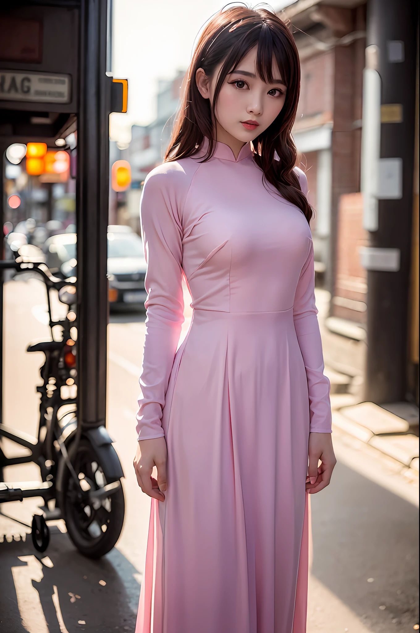 a beautiful girl in vintage pink colors aodai tradition viet nam, city nigth, masterpiece, best quality, realistic:1.3, street, cyberpunk, sunlight, backlighting, artstation, intricate details, vignette, city night, antique car, Hoi An