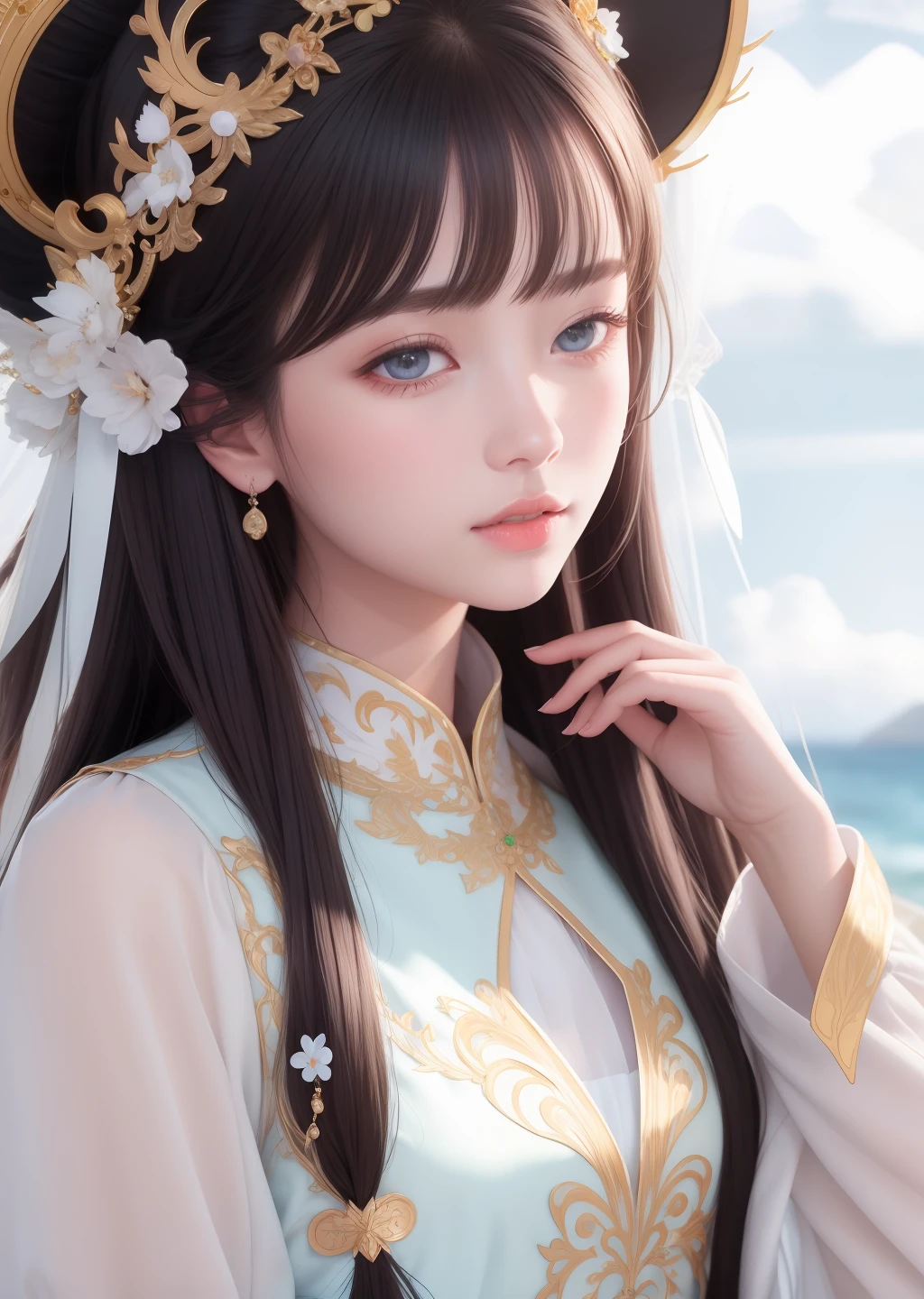 (((Two-dimensional))){{{masterpiece}}}, (best quality), ((illustration)), (color), (beautiful and meticulous eyes), very high resolution, 4k high detail, {best quality}, (highest quality), top quality, fine details, (meticulous portrayal of body) (meticulous portrayal of face) (meticulous description) (meticulous portrayal of eyes) ((meticulous portrayal of human body)), fine details, high resolution, (detailed face description)
{{masterpaintings}}},(optimal quality),((illustration)),(Farbe),(Beautiful and delicate eyes),very high resolution,4K high detail,{optimal quality},(HighestQuali),top Quority,finedetail,(Meticulous body portrayal)(meticulous portrayal of face),(detailed face description),(exquisite CG)()(Super overall texture enhancement),(Super Character Description texture enhancement)(Black pantyhose)
hair between eyes mature woman,(mature)master piece,best quality,cute CG ,Fine Cg,iwhite colored hair,length hair,Soft hair,Blue eyes,Sketch the characters in detail,slanted bangs,beautiful and meticulous eyes,with long bangs,The eyebrows are obscured by bangs,The best quality and exquisite illustrations,(Meticulous close-up of faces,)Fine illustration,Beautie,solo person,white dresses,(Photo composition)Rich lace,(Elf ears),(Dragon's horn),grown woman(White glowing stars.)The glittering ocean(((White dovetail skirt)))(Silvery-white)(Silver.)(universe),starlit,(White dragon horn)(machinery)Sense of science and technology(White Dress)(Advanced composition)ocean, rain ,(white)silvery white(Black pantyhose)(Silver metal fingernail)A glowing planet.(No sleeves.)(((medium shot)))(Close-up of upper body)(Half squinting.)Extremely long hair(Beautiful eyes.)(Drooping eyes)sparkling((glaring)(Temples, long hair(((White forked dragon horn)))(((((White dovetail skirt)))))(A pair of dragon horns.)Tyndall effect