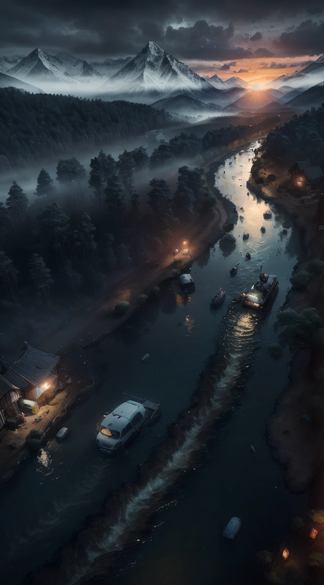 ((巨作))(Best quality), 8K, High detail, Super detail, (Mysterious disappearance), (Search ), (Concerned villagers), (Police investigators), Nearby Forest), ( Rivers), (Mountains), (underwater detection), (large-scale search operations), (policeman, residents and volunteers),