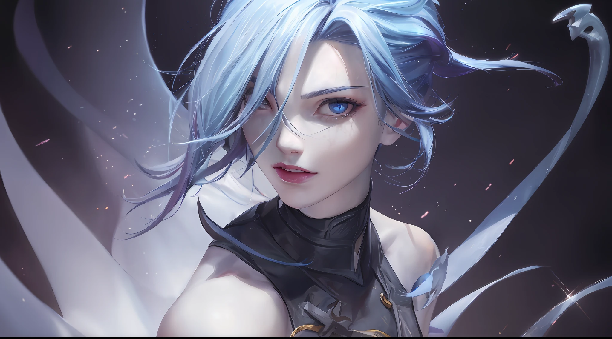 league of legend, the game character, Portrait of Jinx, long black robes，Colorful background, with rich details, Sad, High detail, Modern, Chiaroscuro, Depth of field, Cinematic lighting, dynamic blur，above waist，fromabove，Sparkle, Luminism, Anime style, ultra high def, 巨作, ccurate, Super detail, High quality, High details, 4K --auto