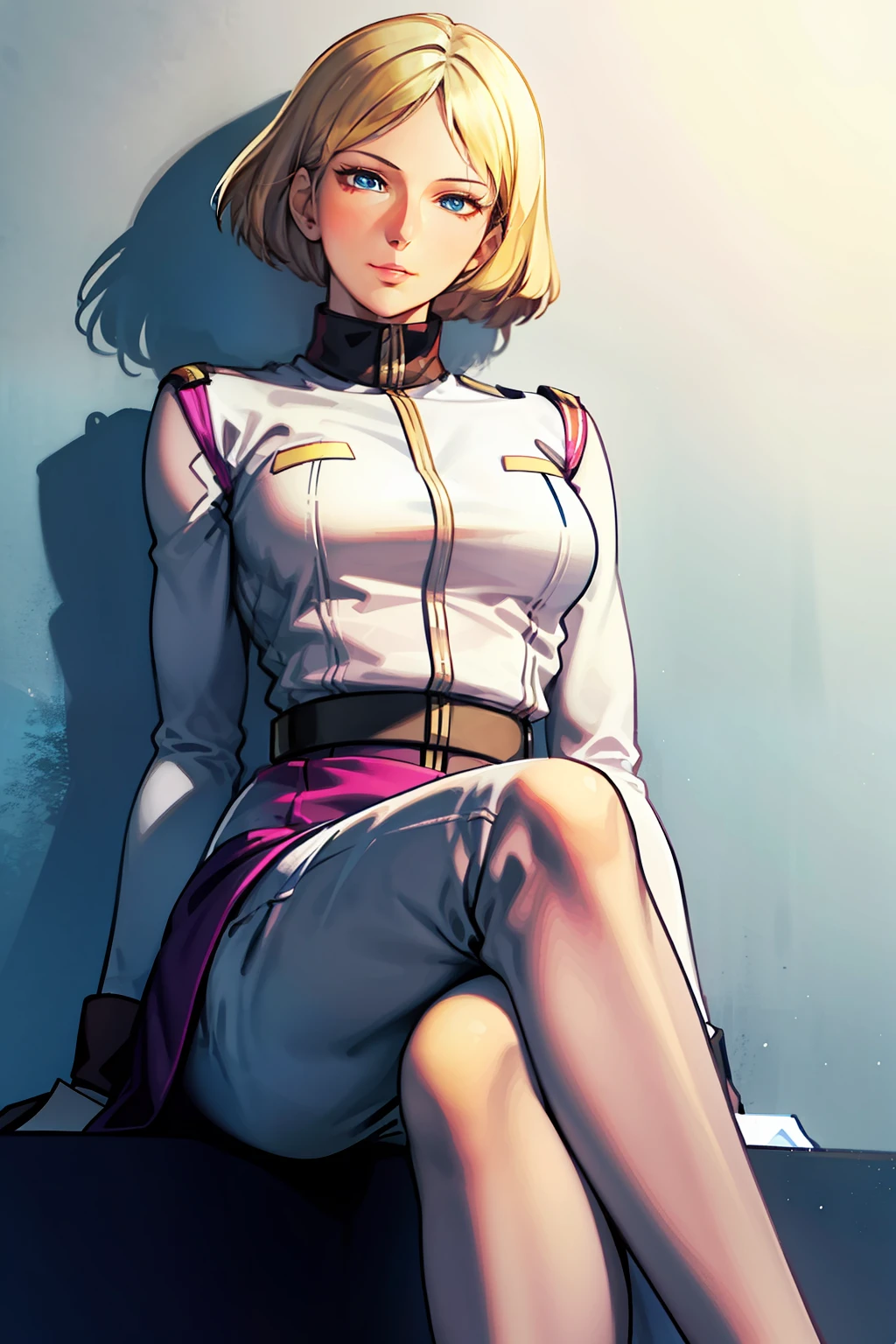 1girl, (solo:1.5) sayla mass, elegant, masterpiece, intricate, realistic, best quality, absurdres, high face detail, perfect eyes, 18 years old, full figure, illustration, vibrant colors, white uniform, skirt, looking at viewer, from below, sitting, crossed legs,