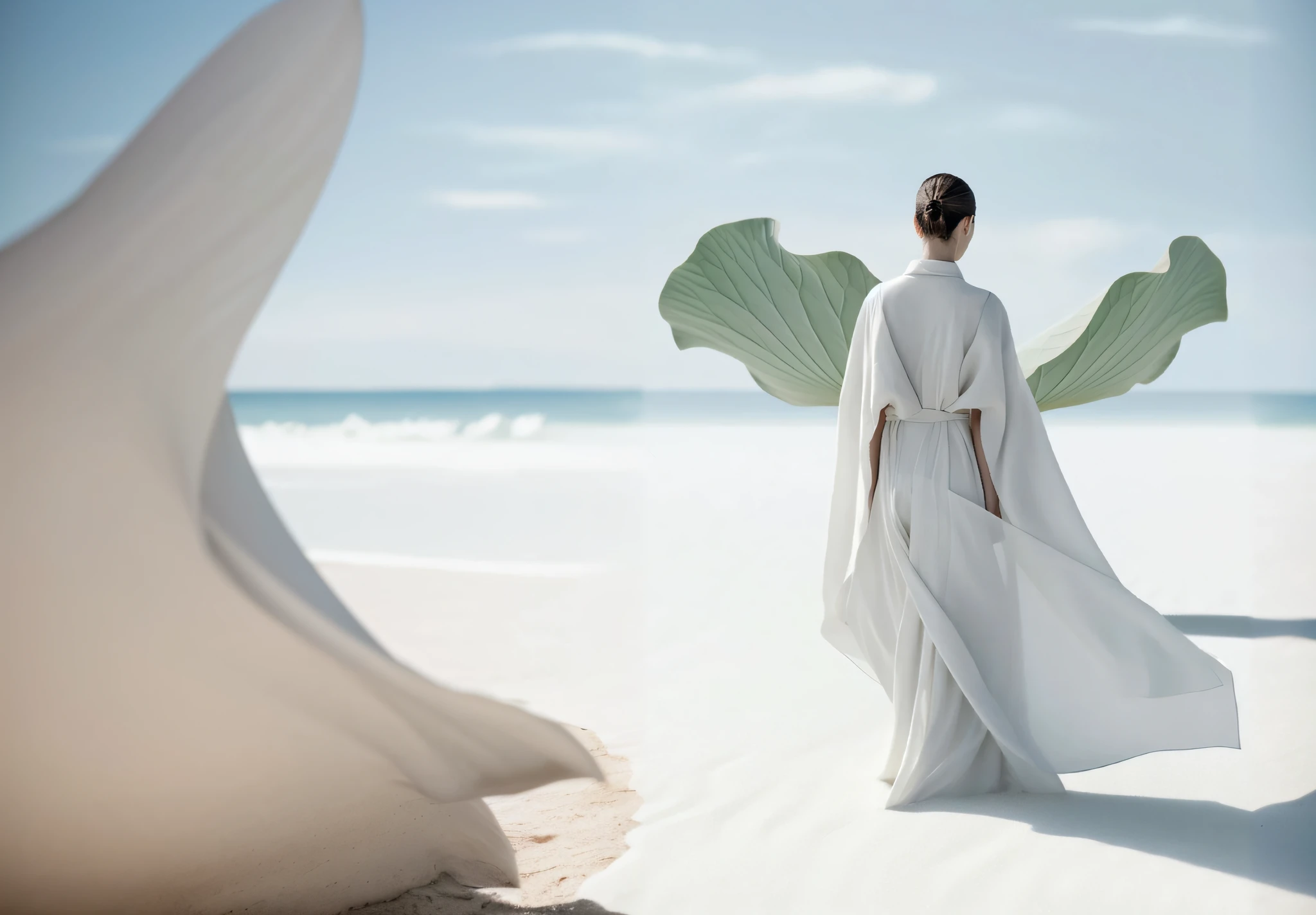 Arad woman in white dress walking on the beach,Large leafy areas, flowing white robes, flowing white robes, flowing cape, 3 / 4 view of woman with wings, flowing robe, wearing a long flowing robe, Flowing robes, a still of an ethereal, ethereal wings, White wings, flowing magical robe, jingna zhang, White Hanfu, wearing a long flowing robe