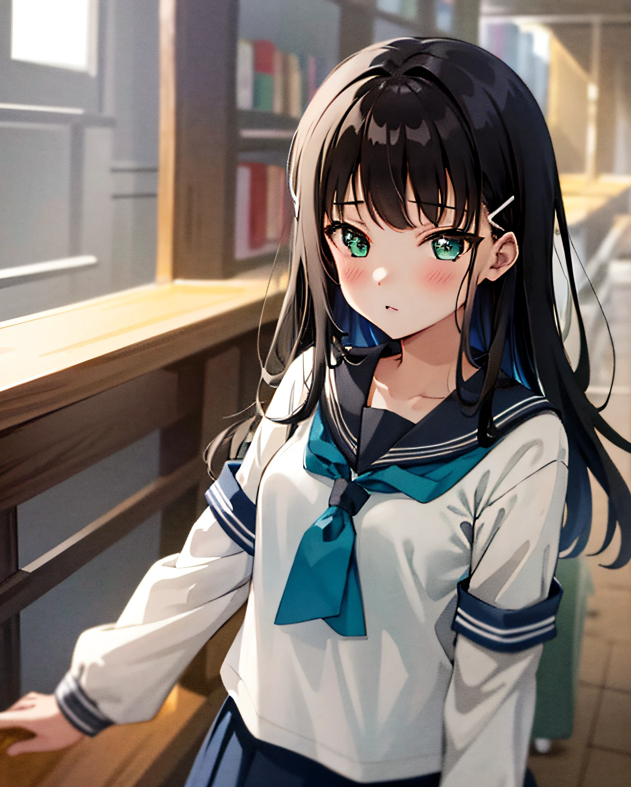 masterpiece, best quality, 1girl, solo, kurosawa dia, green eyes, hair ornament, hairclip, long hair, medium breasts, uranohoshi school uniform, school uniform,