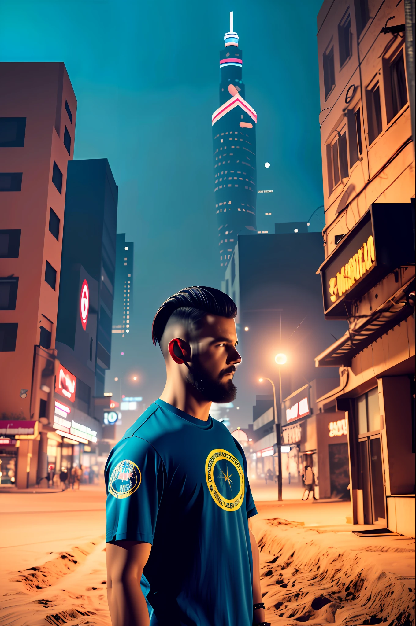 cinematic still shot, 1 man,  tshirt, punk hair style, yellow jacket, cyberpunk, moon surface, sand storm,  midnight, neon light, bladerunner, orange tone, look at viewer, (cowboy view:1)
(35mmstyle:1.1), front, masterpiece,  (photorealistic:1.3), high frequency details, 35mm film, (film grain), film noise, cinematic lighting