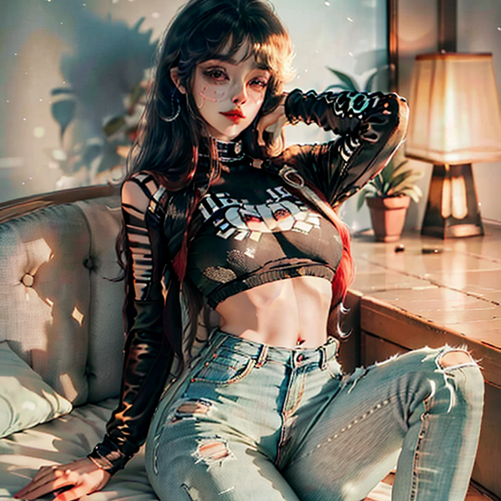 (pphotorealistic,high resolucion:1.5)perfectbody,Super fine face,Good facial features,with big eyes,Long bangs,black color hair,Denim pants,At home,Beautiful udder,Upper body tights --auto