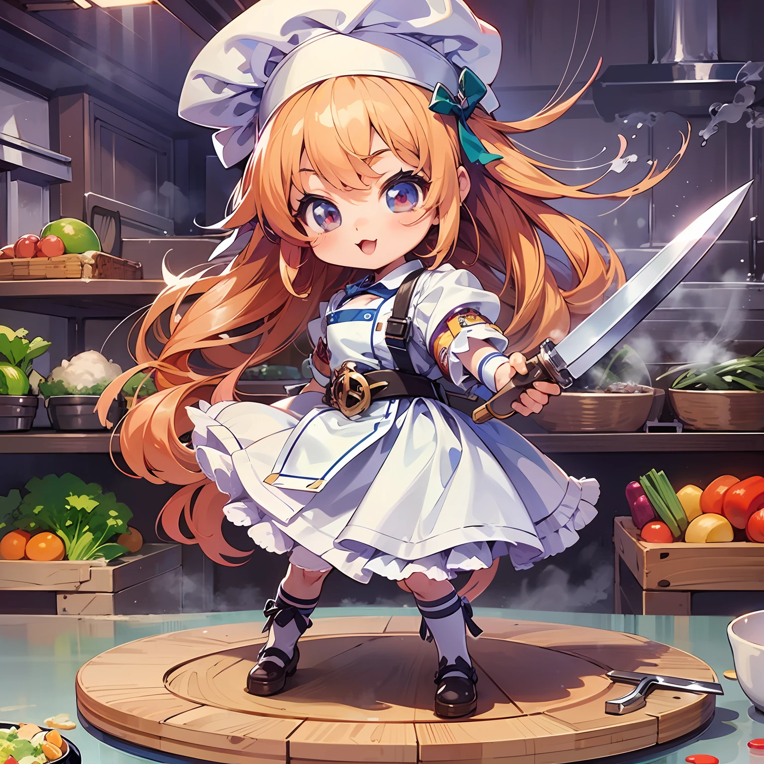 anime girl in a chef's uniform holding a knife in a kitchen, splash art anime loli, small curvy loli, small loli girl, best chef, Cooking, Chibi Anime Girl, Advanced Digital Chibi Art, Anime girl in chef uniform, Cute Anime Girl, anime moe art style, detailed anime character art