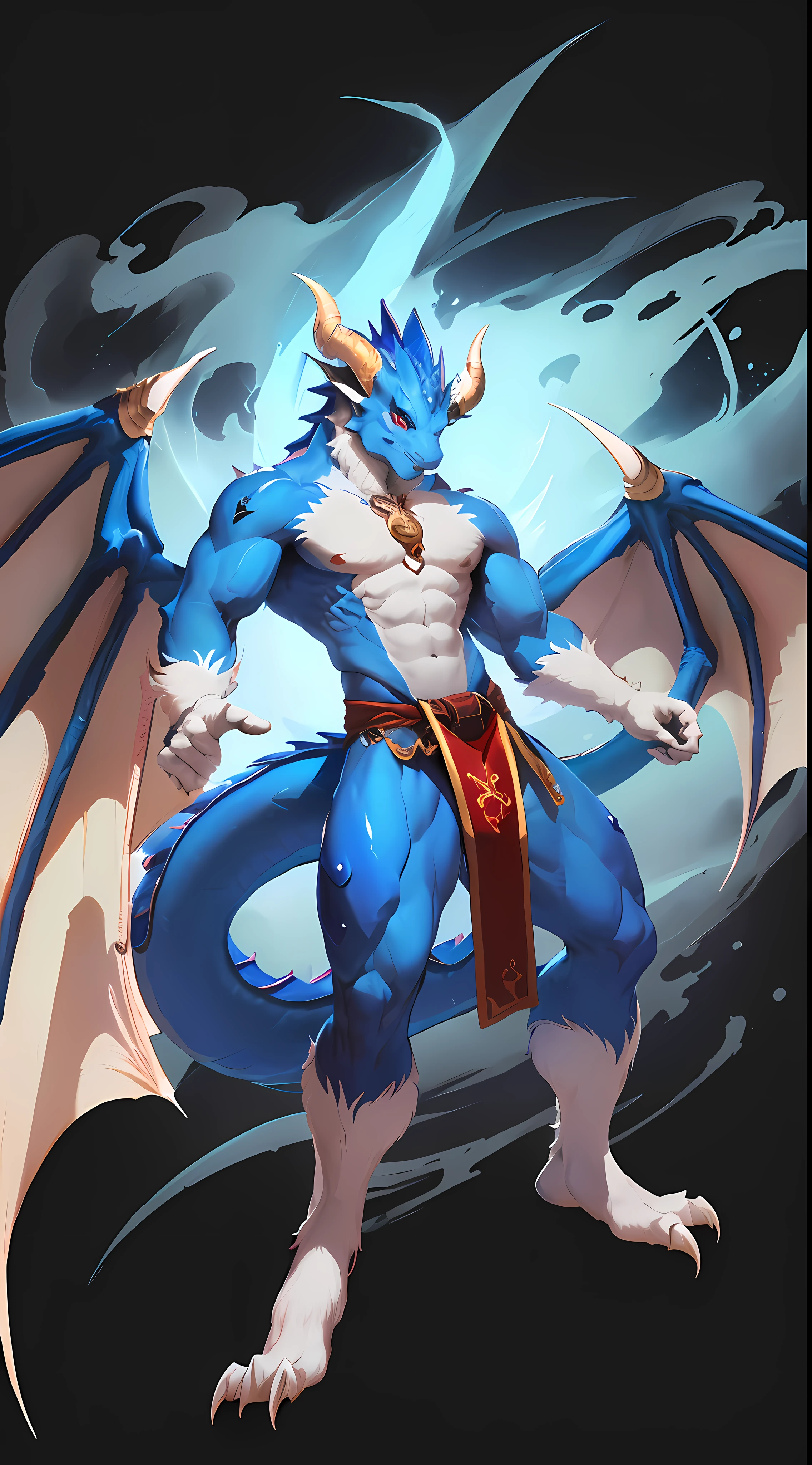 1male furry,((Blue dragon,)),White fur,Male, komono, Thin body type,I didn't wear anything on my upper body,chest muscle,The lower body is only wearing a loincloth,Dynamic pose,Dragon wings,Thick dragon tail,Full body photo