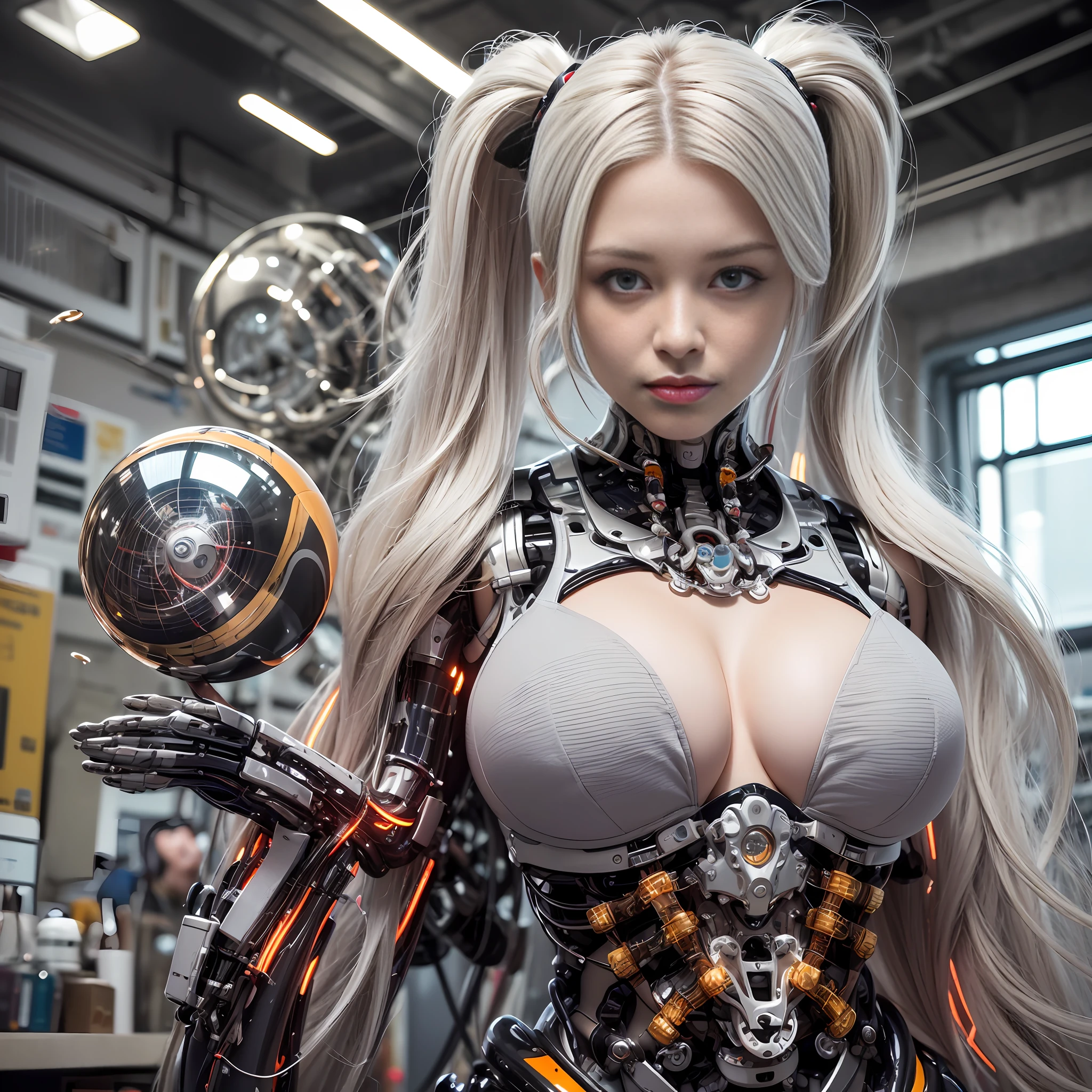 Beautiful Face,face is Japan, 1 Woman, Big, Curvaceous, (16k, RAW photo, top quality, masterpiece: 1.2), (HDR, Realistic, Photorealistic: 1.37) (tube attached to the body), (Bikini Cyborg robot parts)))), (light gray hair), Long hair, Wavy hair, Twin tails, Medium shot, ( Seductive smile)), (black eyes), double eyelids, princess cut, from below, (whole body),posing,,in the lab,( tube connected to blood vessel),((mechanical vertebrae attached to the back)),((mechanical neck attached to the neck)),(wire and cable attached to head and body),(character focus),science fiction,perfect female figure,perfect anatomy, hyperanatomy, full body shot, relationship between up to 4 fingers and 1 thumb, spherical joint,