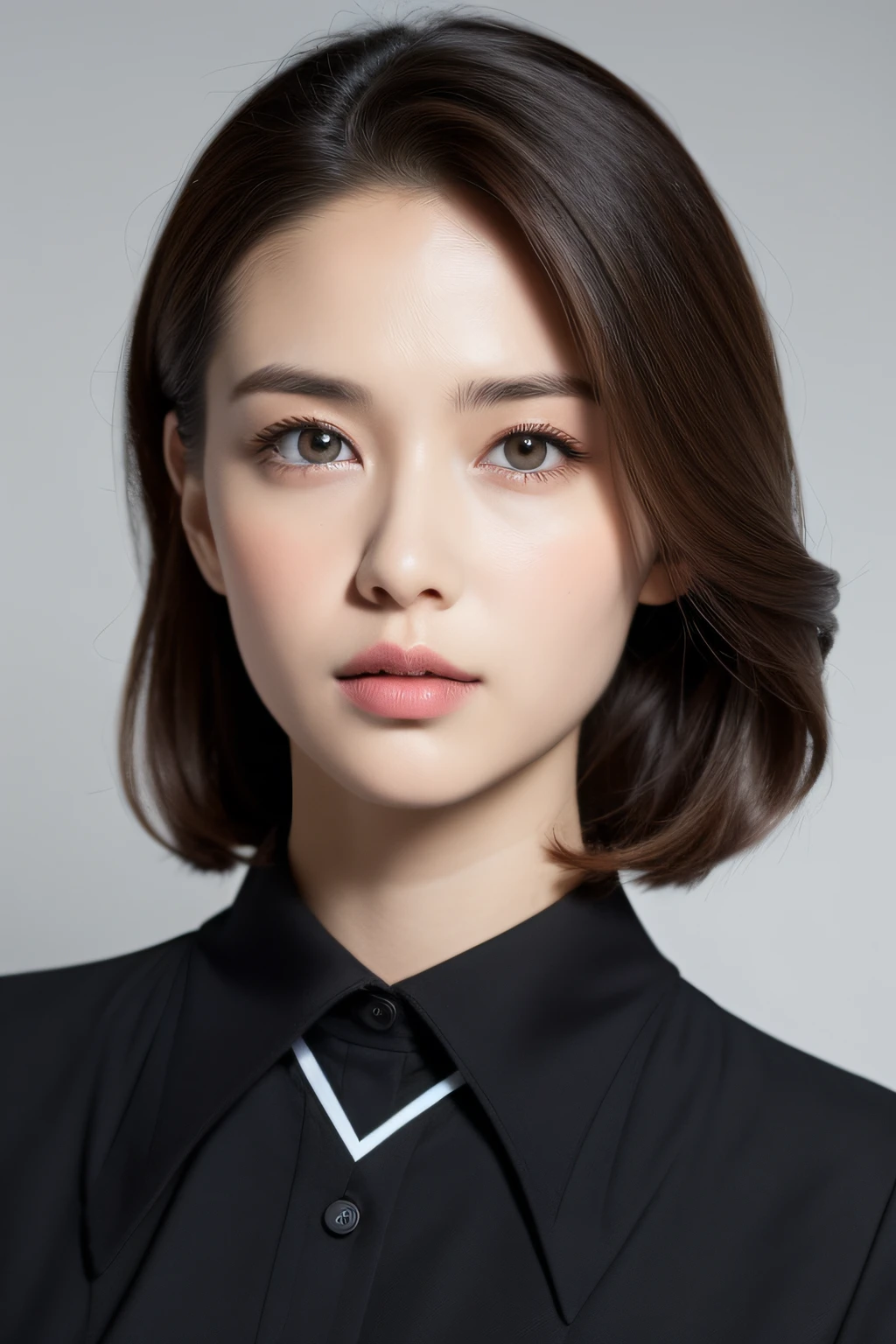 photo of an ordinary woman in a neat office outfit, beautiful eyes, eye contact, full face straight portrait, symmetrically arranged