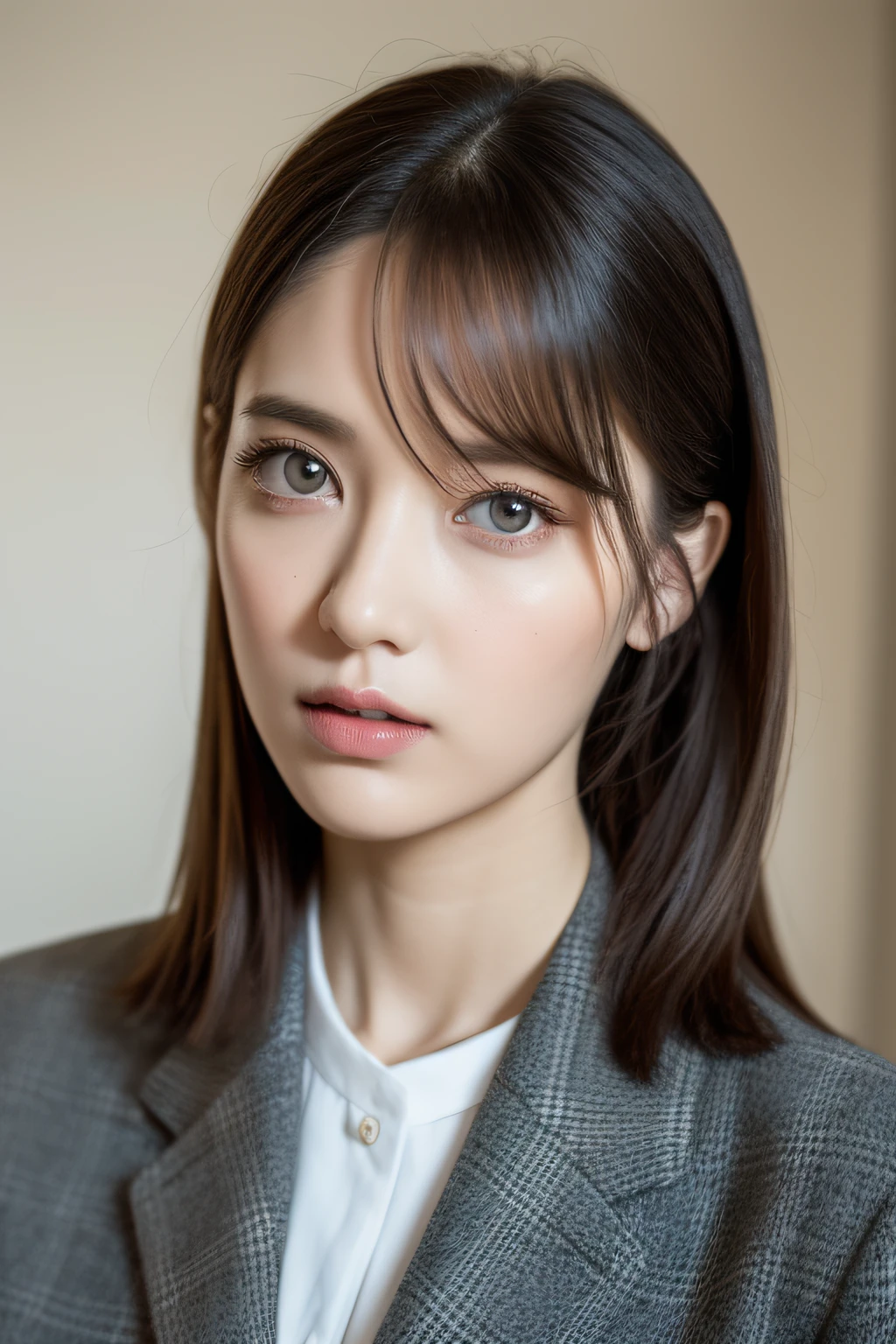 photo of an ordinary woman in a neat office outfit, beautiful eyes, eye contact, full face straight portrait, symmetrically arranged