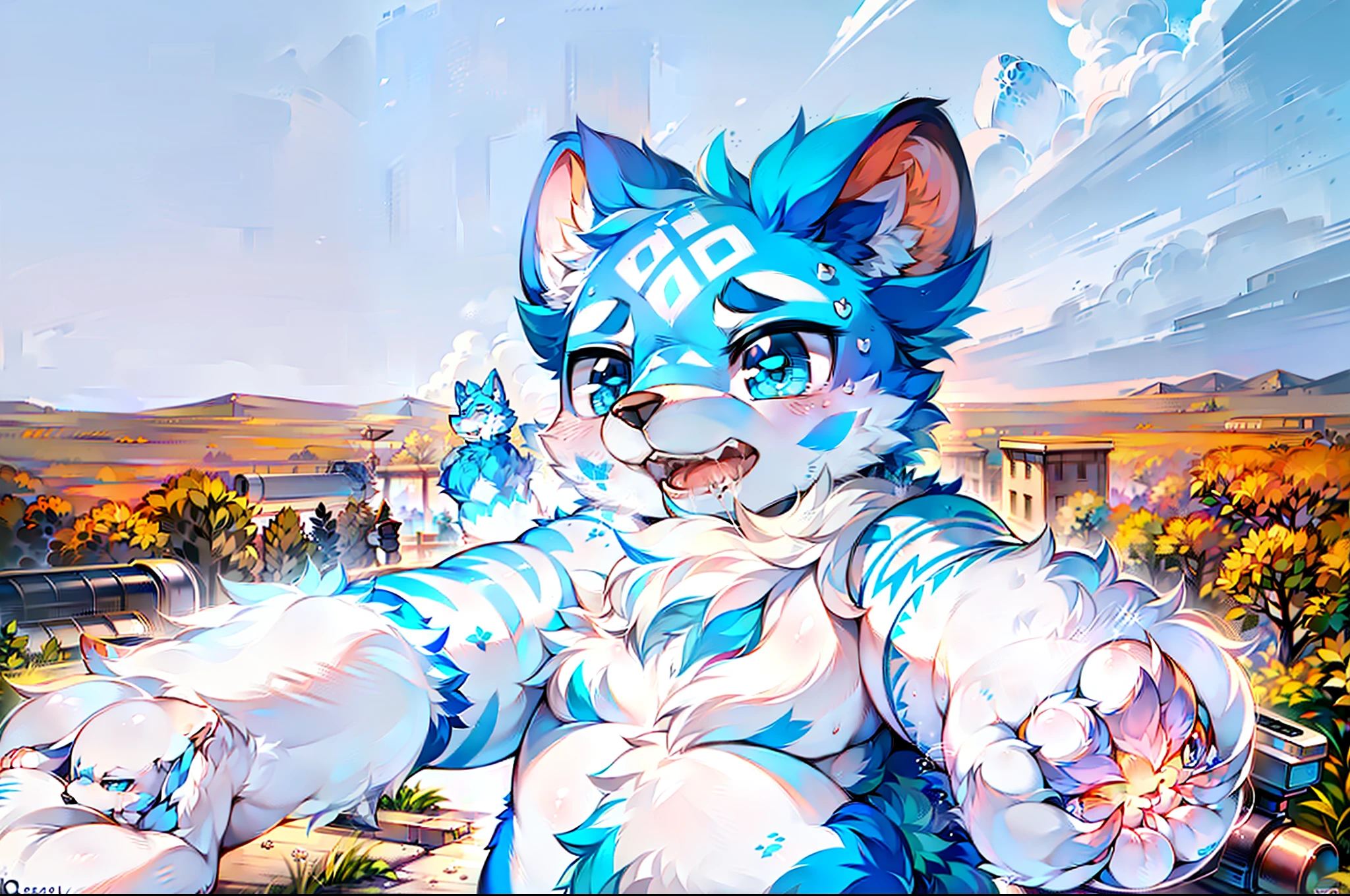 There is a blue and white stuffed animal, fur set, macro furry, furry character, fur set!!!!, furry furaffinity, Blue fur，There are white spots, captured on canon eos r 6, furry fursona, furry anime, the furry fursuit is running, hairy bodies, furry convention, with blue fur and blue eyes, Blue fur, furry shot, furry artist