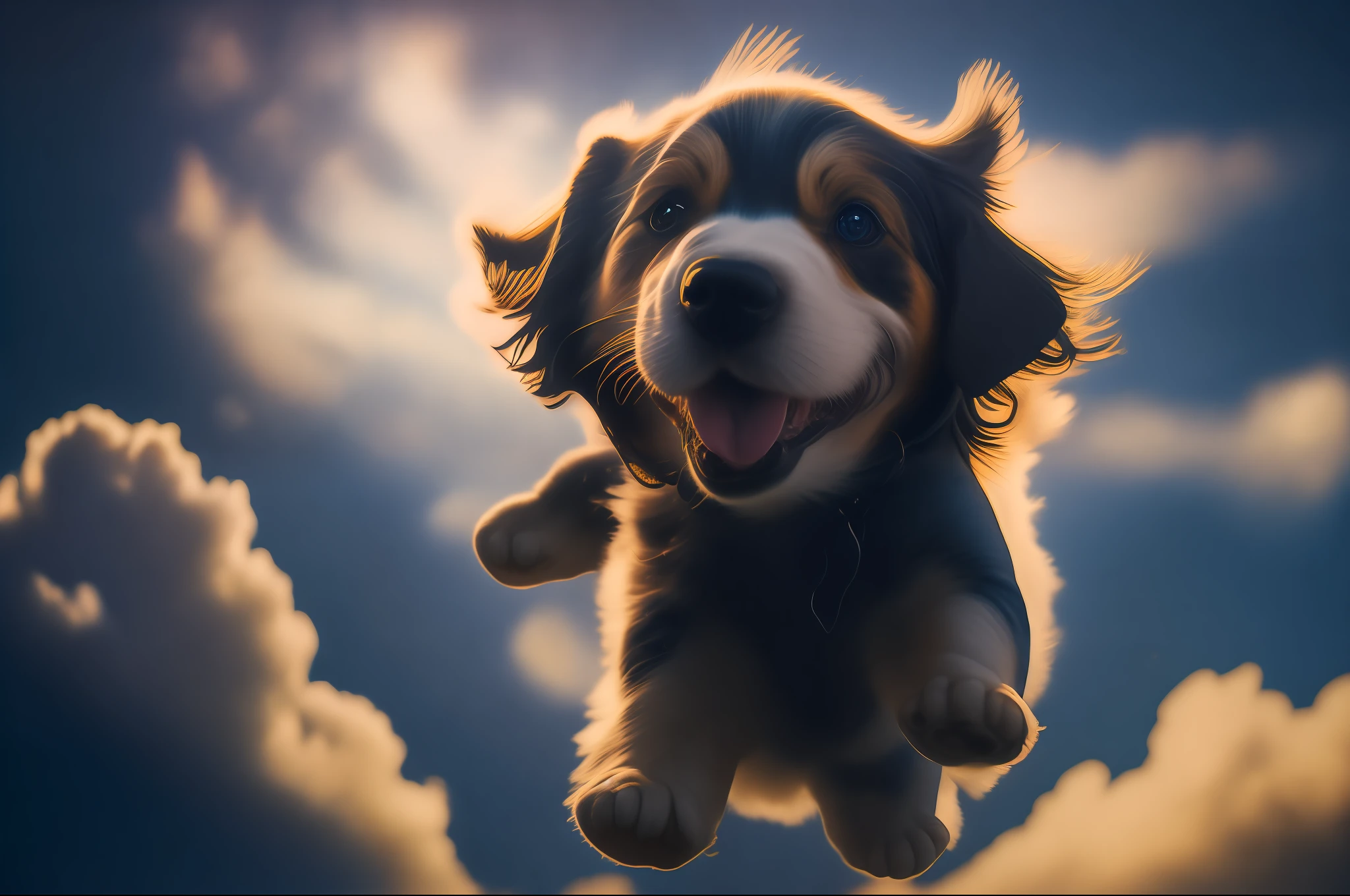 Award winning portrait of a happy white puppy flying in the clouds,Background bokeh,The light from the back window is backlighted