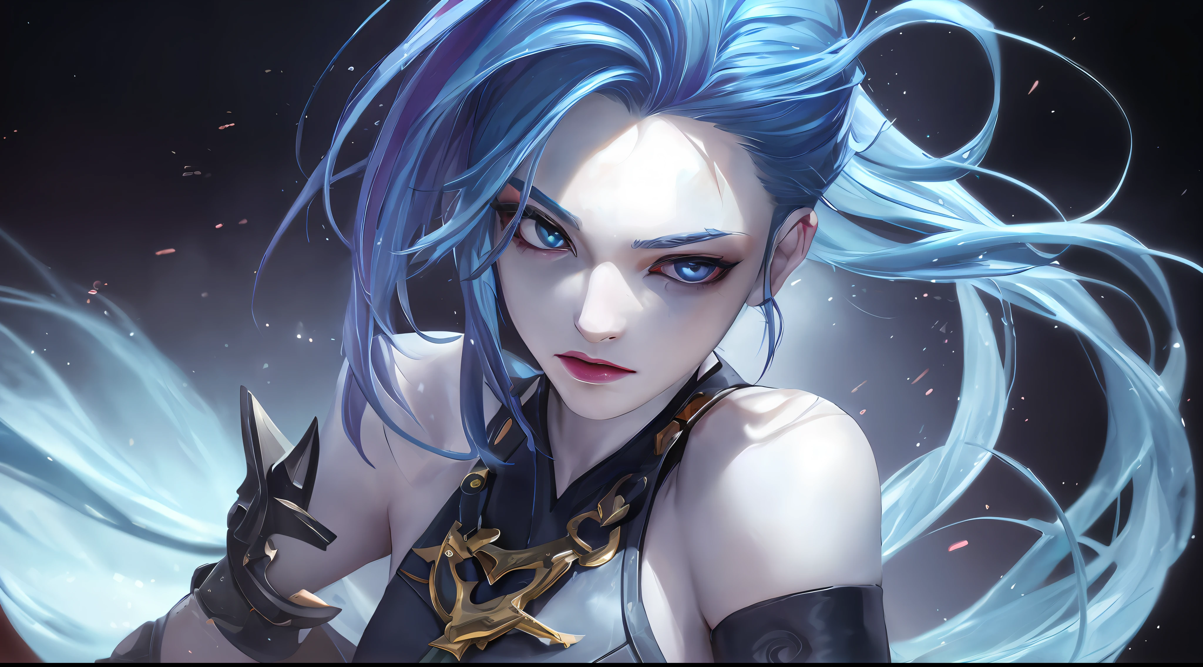league of legend, the game character, Portrait of Jinx, Colorful background, with rich details, Sad, High detail, Modern, Chiaroscuro, Depth of field, Cinematic lighting, dynamic blur,above waist,Sparkle, Luminism, Anime style, ultra high def, 巨作, ccurate, Super detail, High quality, High details, 4K --auto