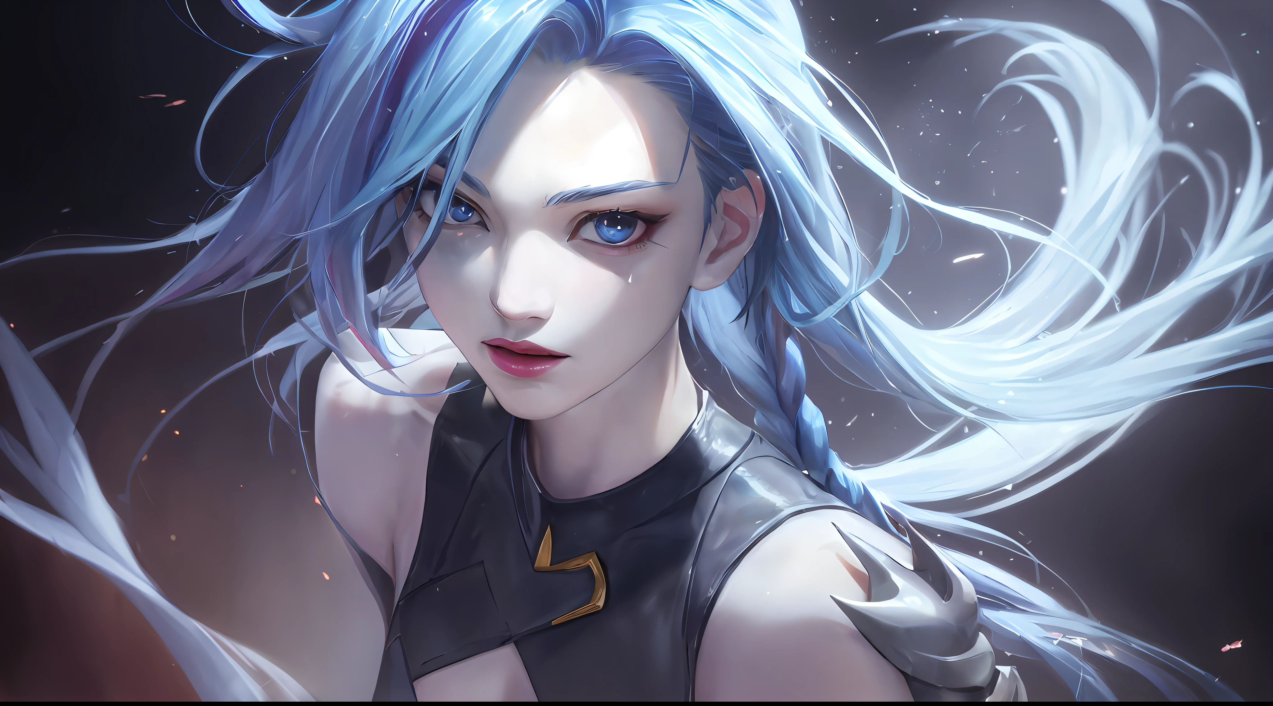 league of legend, the game character, Portrait of Jinx, Colorful background, with rich details, Sad, High detail, Modern, Chiaroscuro, Depth of field, Cinematic lighting, dynamic blur，above waist，Sparkle, Luminism, Anime style, ultra high def, 巨作, ccurate, Super detail, High quality, High details, 4K --auto