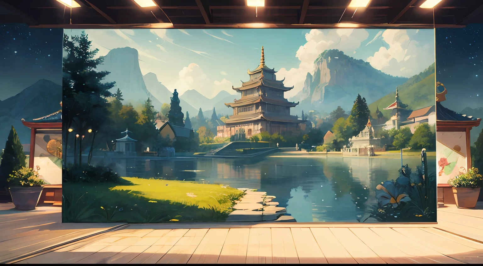 （（masterpaintings）），（（optimal quality）），（（high-details）），（（realisic，））（（Ultra-detailded））there is a painting of a beautiful view of a lake, Lake background, beautiful lake background, temple background, palace background, Mobile game background, royal garden background, background artwork, detailed lake in background, background depicting a temple, island background, arte de fundo, Detailed scenery —width 672, game background, light kingdom backdrop, Dawn background, port scene background，nights，starry light，Antiquity，China-style，Exquisite scenes，More details，beatifull