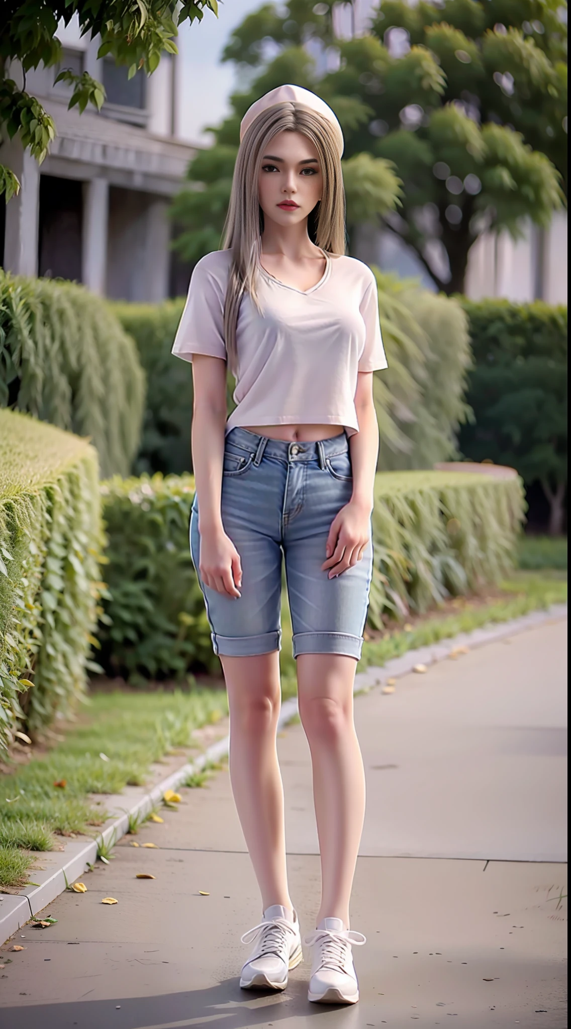 kaisha，ultra-high-resolution，pphotorealistic，Photorealistic， imagination， （realisic）， composition，（HDR：1.5）， plein-air， Complicated details，Short-sleeved top，micro saia，silk stockingsa，White cap，8K，to stand，White sneakers，Long legs，Whole human body，red lip，