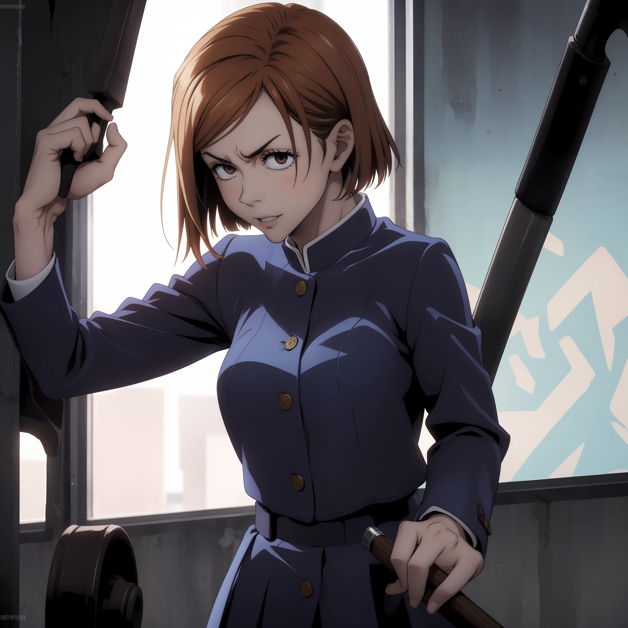 Nobara, jujutsu kaisen, brown hair,shor hair, blu school uniform, wields a hammer, sexy and provocative poses, excited face, 1 girl, 8K,