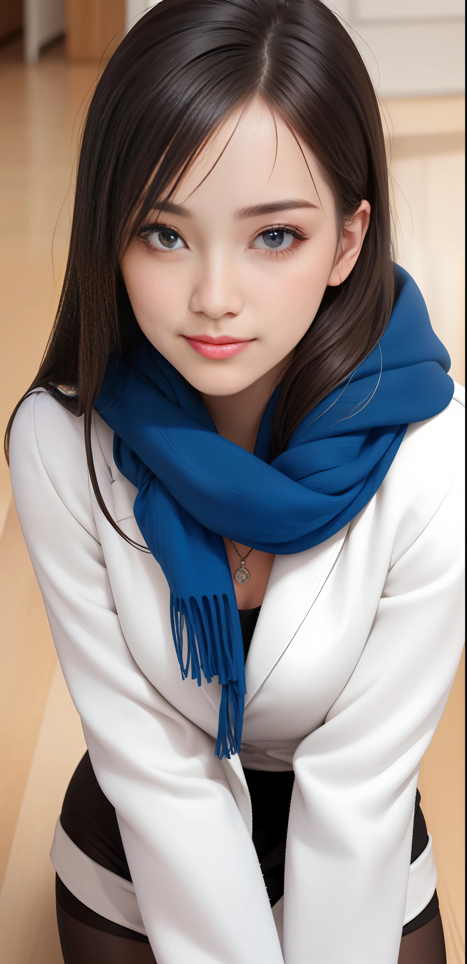 (close-up:1.4),
(RAW photo:1.2), (photorealistic:1.4),(masterpiece:1.3),(best quality:1.4), dreamlike, (detailed eyes),(detailed facial features), (detailed clothes features), skin tight, (shiny skin),(slender girl),(slim girl), 1girl, ((full body)),solo, cute,smlie,(medium breasts), bangs, straight hair, long hair, black hair, black eyes, crystal pendant, Long blue scarf,White long wool coat,Black thick pantyhose,Brown snow boots,