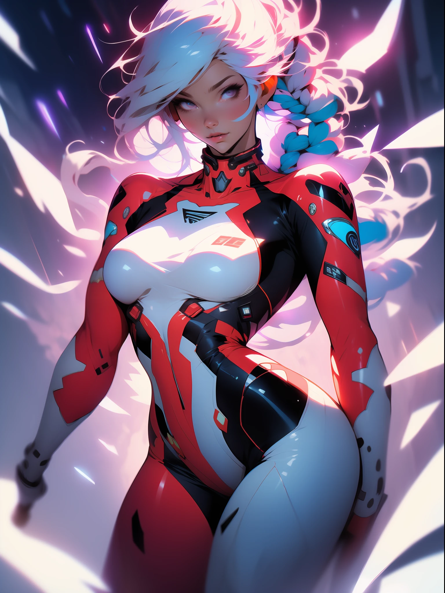 ((Best quality)), ((masterpiece)), (detailed: 1.4), (Absurd), War-ready female fighter pilot, dark skin, flash dc comics, lightning and lightning, muscular sculptural body defined, full body, half-thick naked thighs, closed mouth, muscular body covered in technological clothing, Neon Genesis Evangelion style, cyberpunk, generous neckline, ((perfect medium breasts)), (super light blue eyes without pupils), ((white and dark red clothing)), (((white hair with braid))), long eyelashes heavy makeup, garter belt, by mucha, niji --V5, close to real, psychopathic, crazy face, sexy pose, background with a giant head of Genesis evangelion neon style robot, 2 pieces clothing, shoulder pads with airplane wings, pastel, centered, scale to fit the dimensions, HDR (High Dynamic Range), Ray Tracing,NVIDIA RTX,Super-Resolution,Unreal 5,Subsurface Dispersion, PBR Texture, Post-processing, Anisotropic Filtering, Depth of Field, Maximum Clarity and Sharpness, Multilayer Textures, Albedo and Specular Maps, Surface Shading, Accurate Simulation of Light-Material Interaction, Perfect Proportions, Octane Render, Two-Tone Lighting, Wide Aperture, Low ISO, White Balance, Rule of Thirds, 8K RAW, Crysisnanosuit