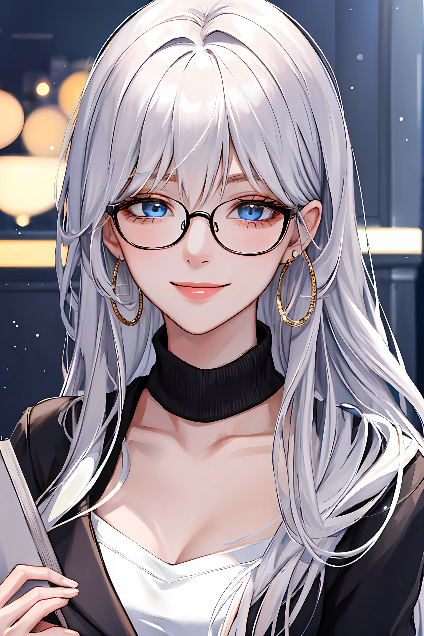 (((Two-dimensional)))(((whitehair)))Blue eyes, glasses, black sweater, book, smile, sparkling, silvery, female, low disc hair, sunshine, hair coiled, long hair highly detailed,{best quality}, {{masterpiece}}, {highres}, original, extremely detailed 8K wallpaper,masterpiece, best quality, illustration, beautifully detailed eyes, cinematic lighting,