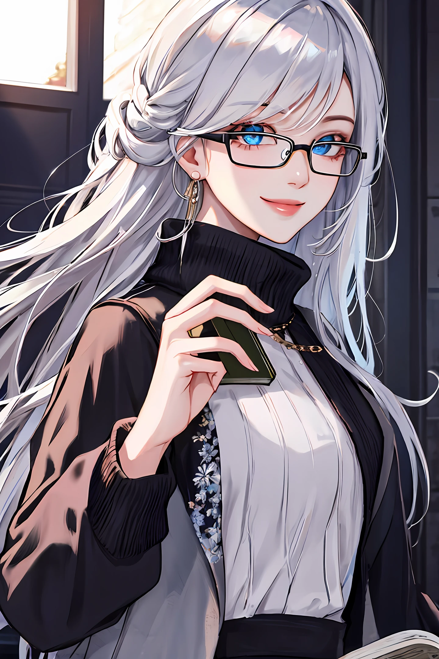 (((Two-dimensional)))(((whitehair)))Blue eyes, glasses, black sweater, book, smile, sparkling, silvery, female, low disc hair, sunshine, hair coiled, long hair highly detailed,{best quality}, {{masterpiece}}, {highres}, original, extremely detailed 8K wallpaper,masterpiece, best quality, illustration, beautifully detailed eyes, cinematic lighting,