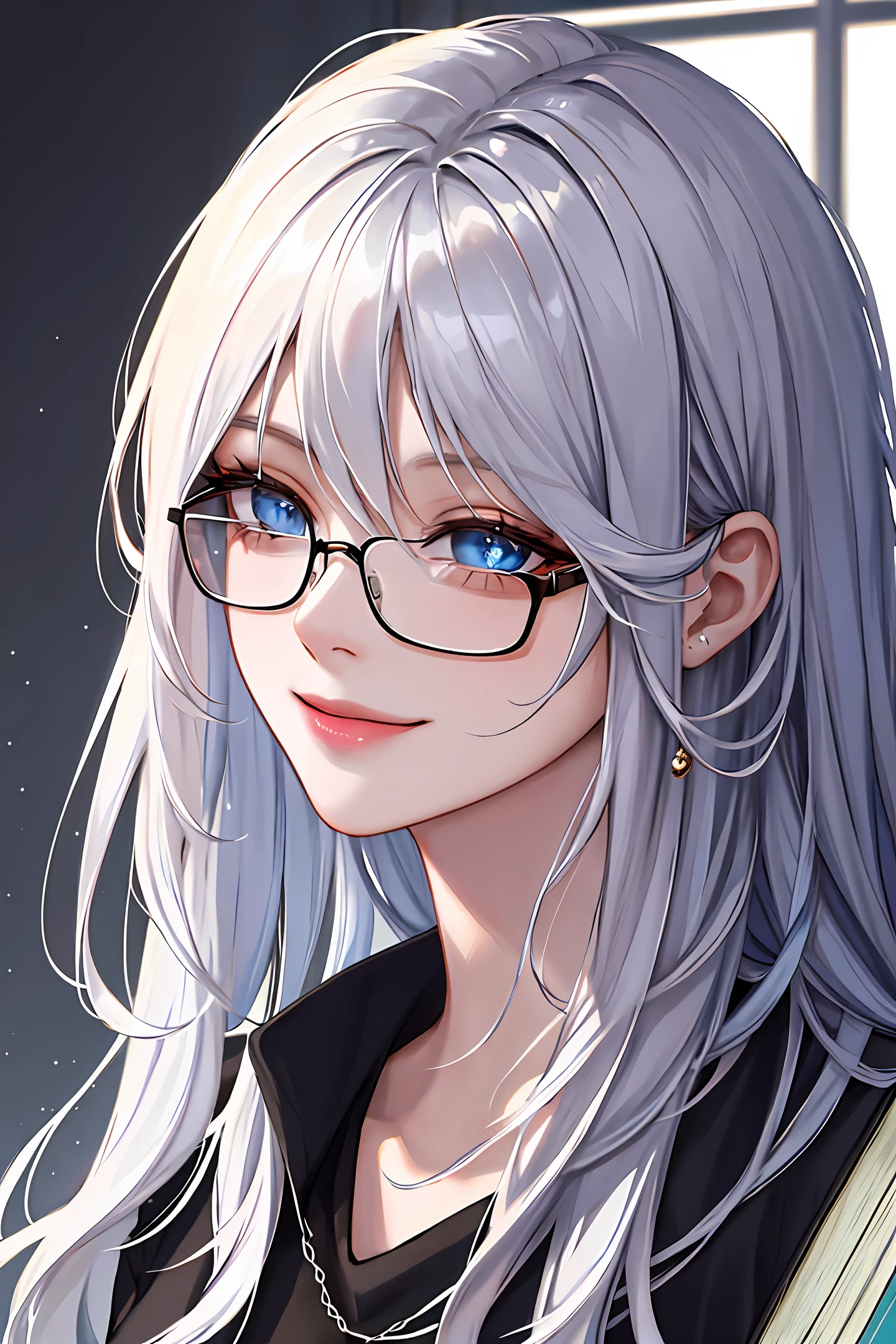 （（（Two-dimensional）））（（（whitehair）））Blue eyes, glasses, black sweater, book, smile, sparkling, silvery, female, low disc hair, sunshine, hair coiled, long hair highly detailed,{best quality}, {{masterpiece}}, {highres}, original, extremely detailed 8K wallpaper,masterpiece, best quality, illustration, beautifully detailed eyes, cinematic lighting,