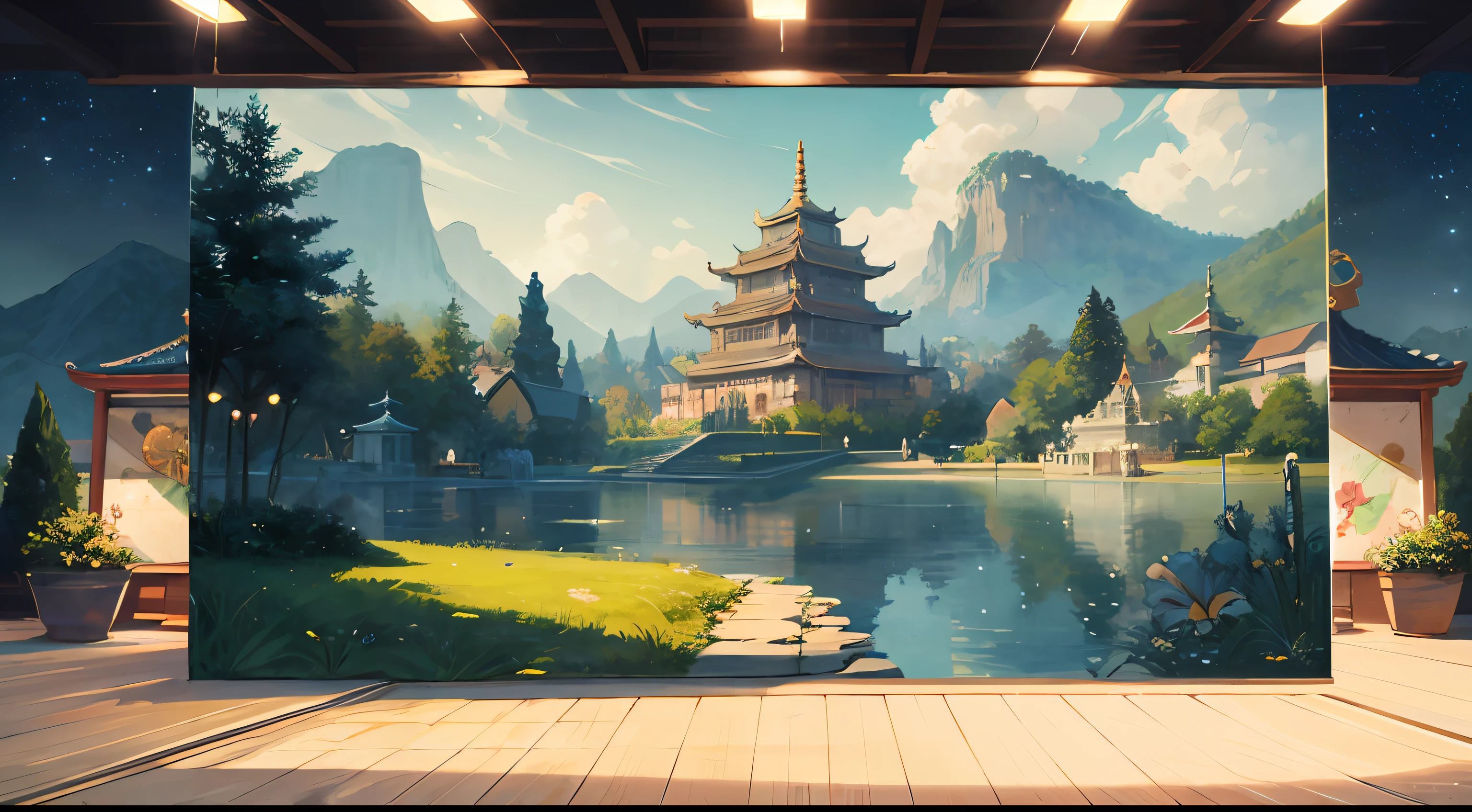 ((masterpaintings)),((optimal quality)),((high-details)),((realisic,))((Ultra-detailded))there is a painting of a beautiful view of a lake, Lake background, beautiful lake background, temple background, palace background, Mobile game background, royal garden background, background artwork, detailed lake in background, background depicting a temple, island background, arte de fundo, Detailed scenery —width 672, game background, light kingdom backdrop, Dawn background, port scene background,nights,starry light,Antiquity,China-style,Exquisite scenes,More details,beatifull