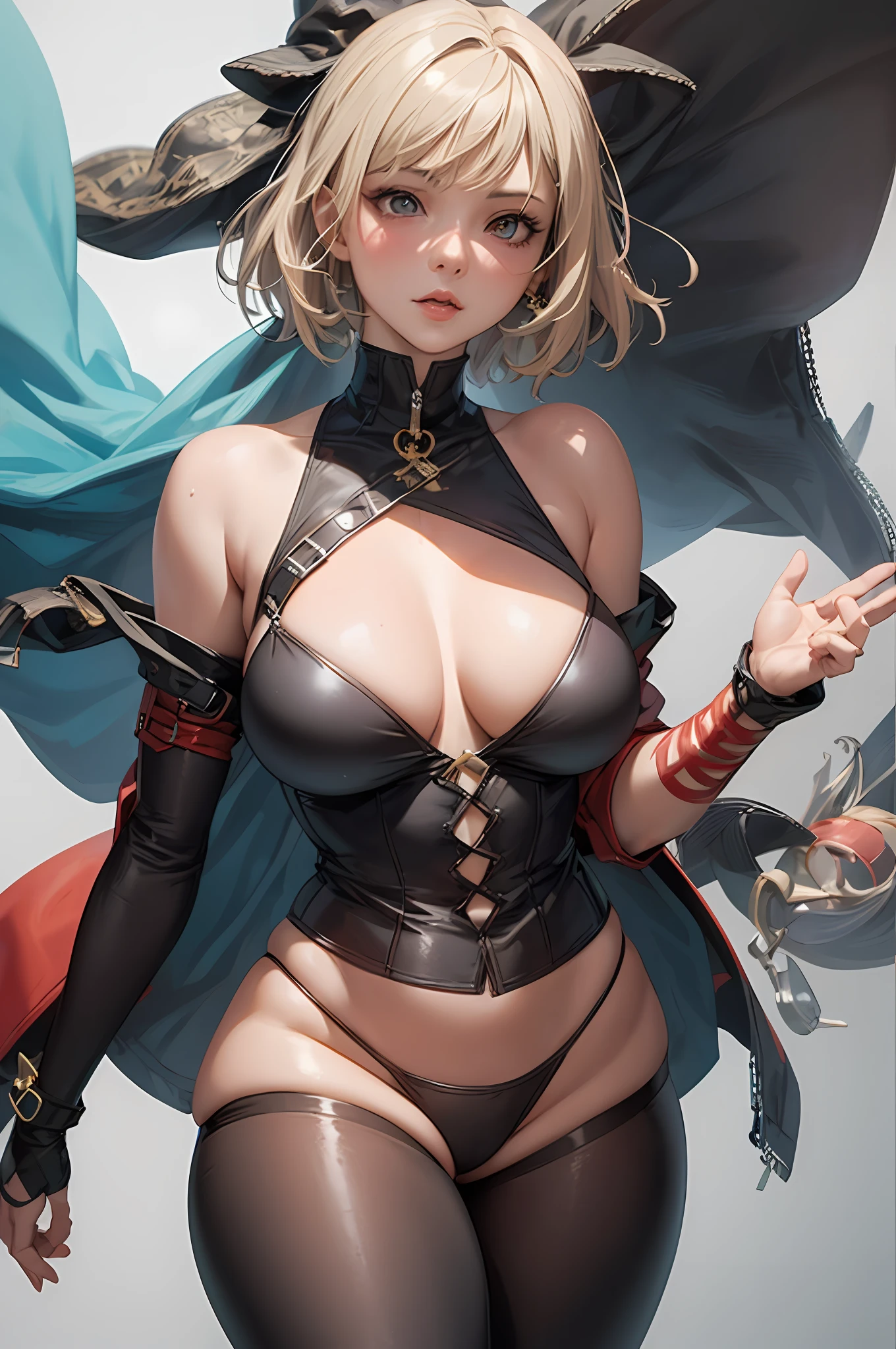 ((masterpiece, best_quality)), (photorealistic:1.4),  solo, 1 girl, white_background, black_hair, short_hair,   zettai_ryouiki, lingeries, outline nipple can be seen through the clothes, areola bulge,blond haired woman in a costume posing for a picture, extremely detailed artgerm, 2b, 2 b, ig model | artgerm, ross tran 8 k, trending on artstation pixiv, detailed digital anime art, seductive anime girl, artgerm. anime illustration, photorealistic anime girl render, artgerm on artstation pixiv