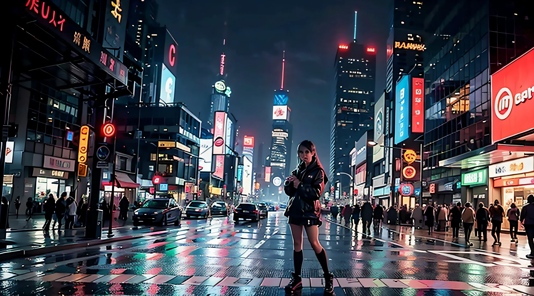 8K，pphotorealistic，Glamorous，Heavily detailed，A 20-year-old girl wears a tech-conscious outfit。In a cyberpunk-style night view of the city，Stand on a street lined with tall buildings。The night view of the city is brightly lit，It adds a sense of futuristic technology。The surrounding buildings and streets are full of cyberpunk elements，Like neon lights、High-tech installation and futuristic architectural design。The whole scene is full of futuristic and sci-fi atmosphere。This one is high definition、High-quality images will give you a stunning visual enjoyment，Will be sexy、Futuristic and sci-fi elements are a perfect combination。oc rendered，dramatic lights，Award-winning quality