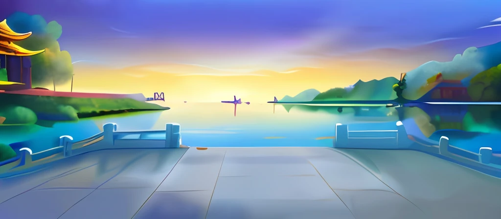 painting of a bridge with a pagoda and a lake in the background, port scene background, Anime landscapes, arte de fundo, anime landscape, game background, Lake background, anime backgrounds, calm afternoon, calm evening, Anime background art, Dawn background, island background, Peaceful environment, small dock, scenery artwork, Mobile game background, seaside backgroud, scenery background