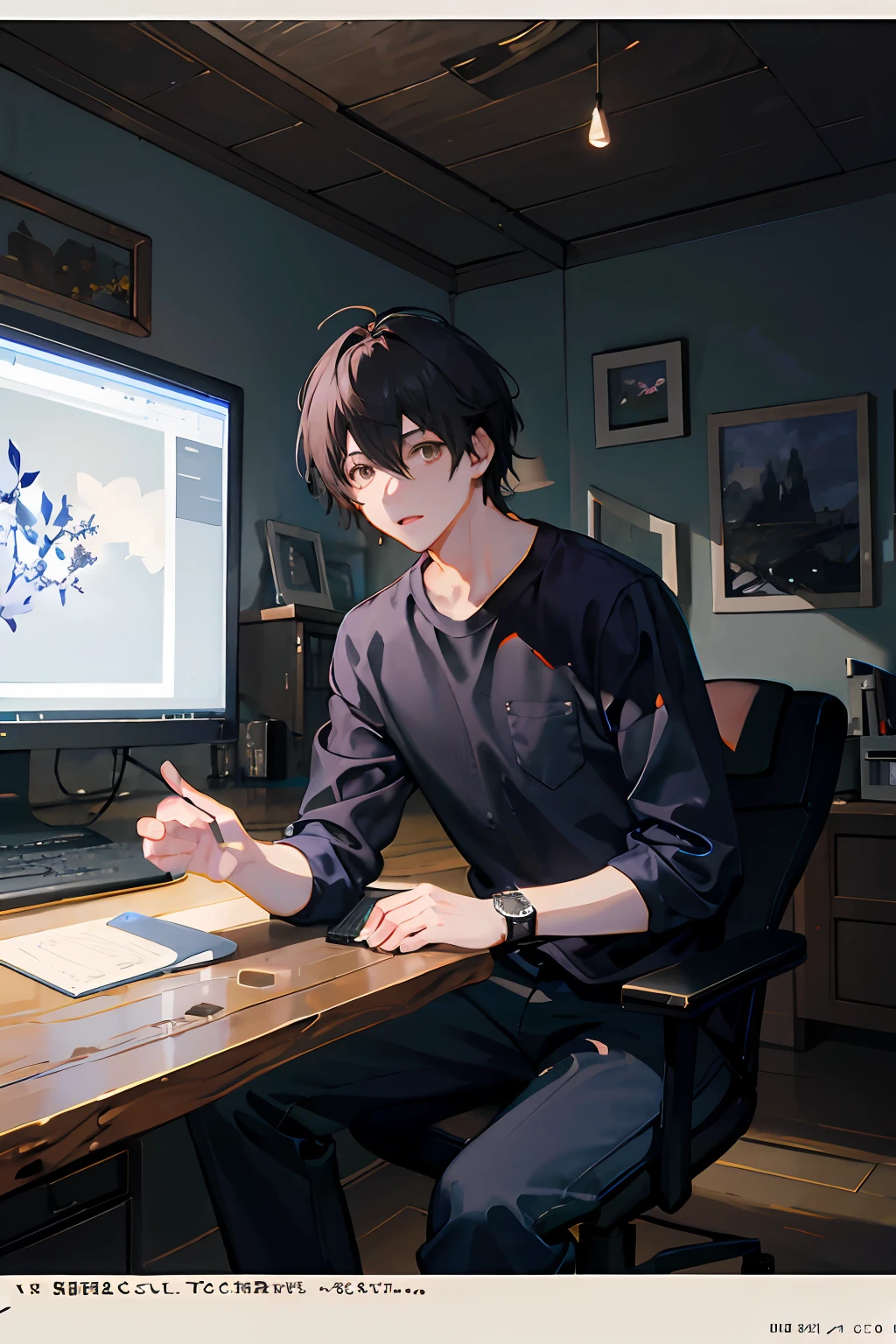 1boys,bangss,berries,Black hair,Light blue shirt,Brown eyes,Hair between both eyes,leafs,looking at the spectator,Male focus,necklac,lifiting shirt,独奏,wristwatch,Medium gray pants,wristwatch,Messy hair,Two computer monitors,White table,ly,Cancer, Trends on ArtStation, in 8K resolution, Heavily detailed, anatomically correcte, Sharp images, digital paintting, concept-art, Popular trends on pixiv, style of makoto shinkai,
