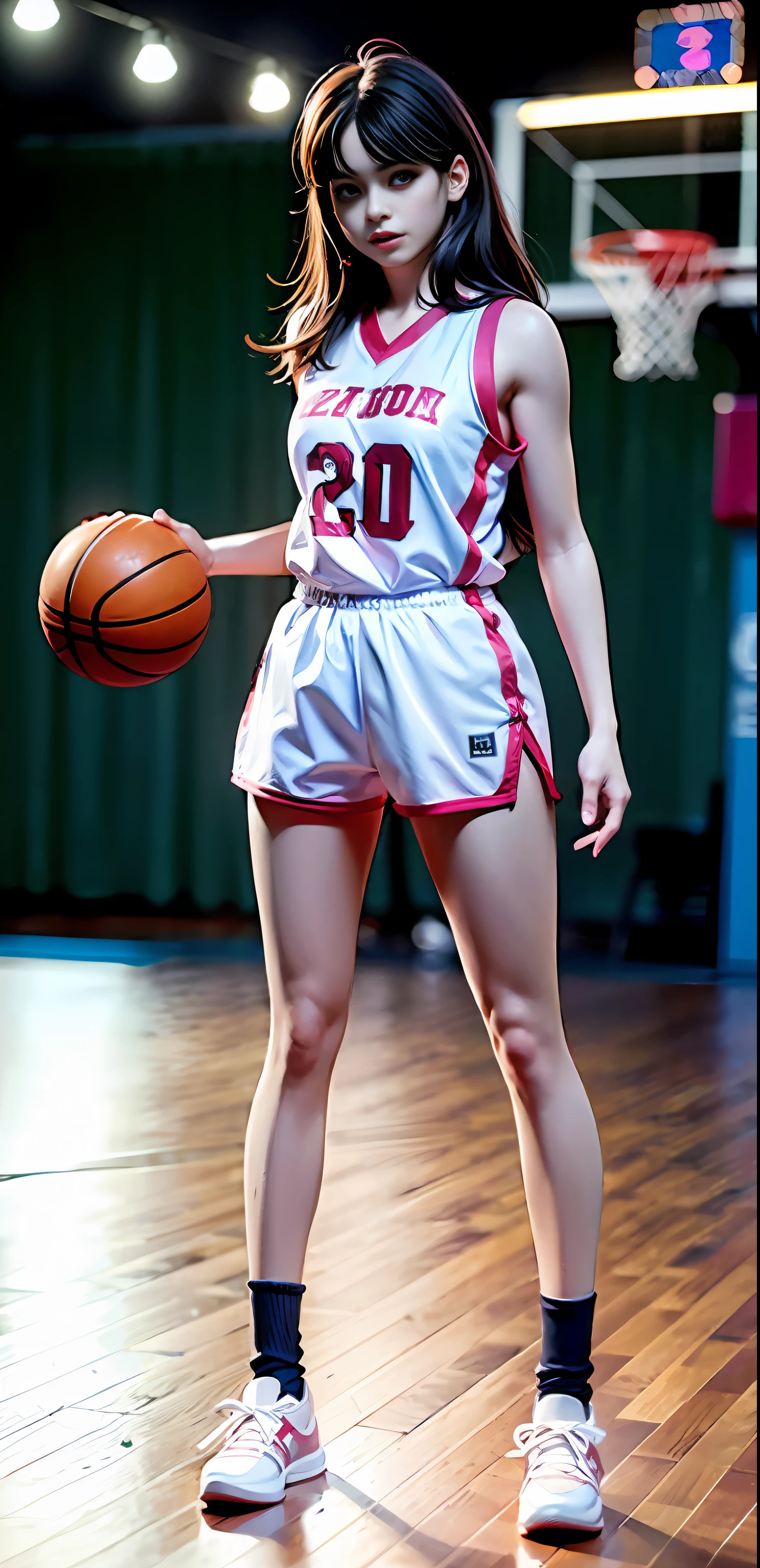 (8k, Best Quality, Masterpiece: 1.2), (Realistic, Realistic: 1.37), Ultra Detailed, Best Quality, Ultra High Resolution, Professional Lighting, Photon Mapping, Radiosity, Physically Based Rendering, Cinematic Lighting, Basketball court, depth of field, clear focus, sunlight, good composition, (bokeh: 1.2) 1girl, solo, (full body), (closed mouth), beautiful and detailed eyes, pose, narrow waist, basketball uniform, black hair , messy hair, long hair blowing in the wind, (ulzzang-6500:1.2) mix4, hiqcgbody